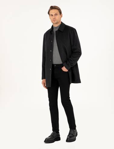 Antrasit Slim Fit Yün Karışımlı Kaşe Kaban