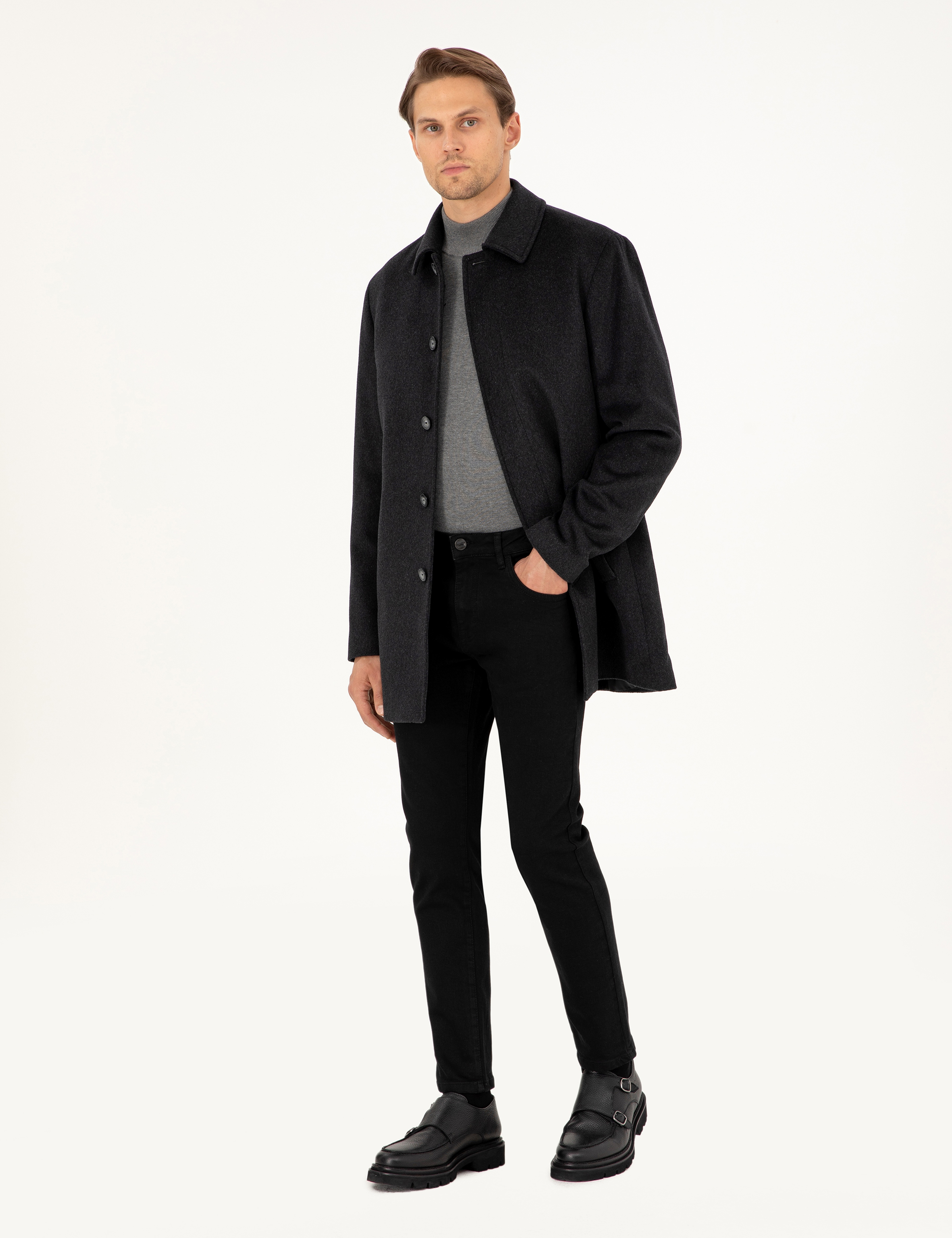 Antrasit Slim Fit Yün Karışımlı Kaşe Kaban - Image 4