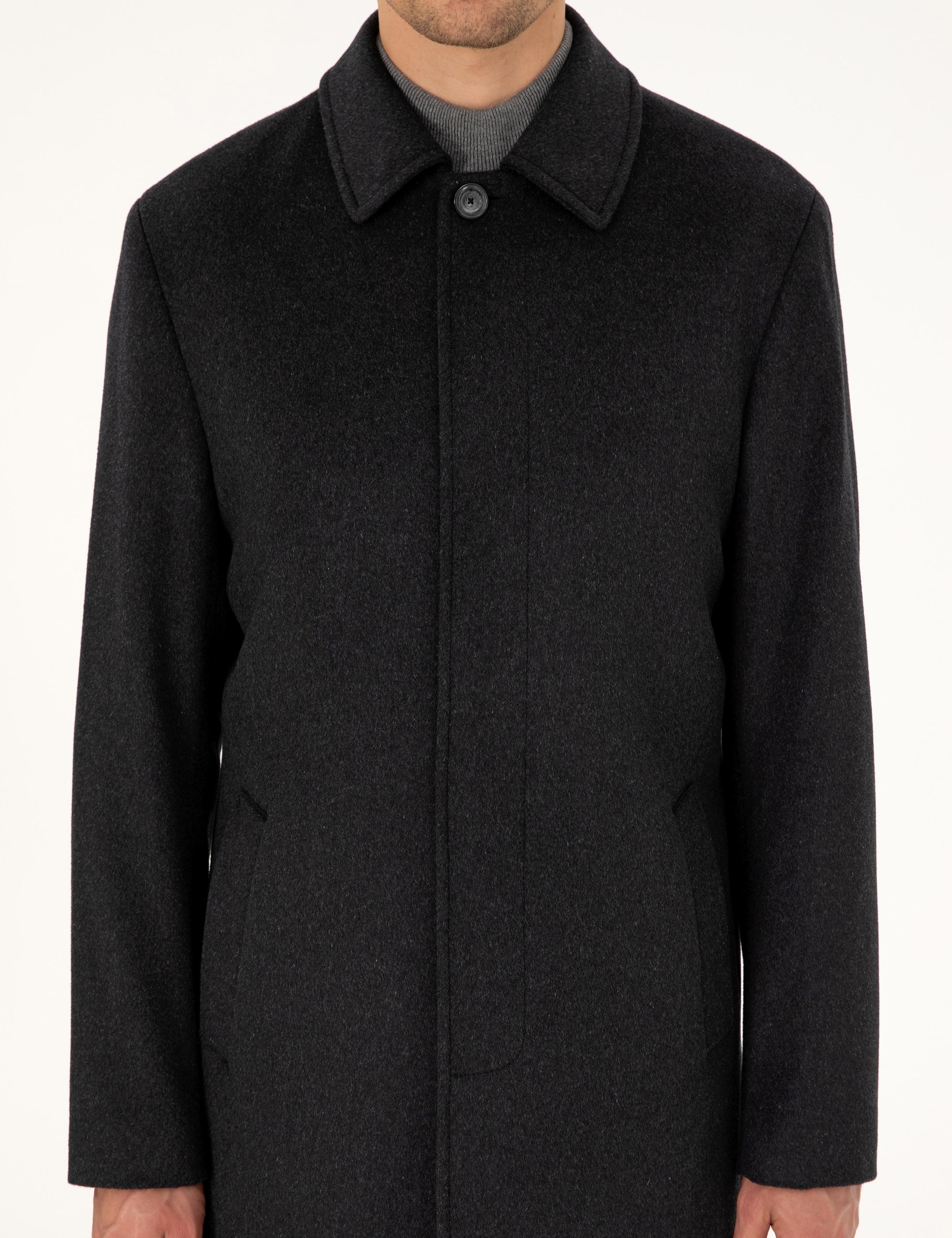 Antrasit Slim Fit Yün Karışımlı Kaşe Kaban