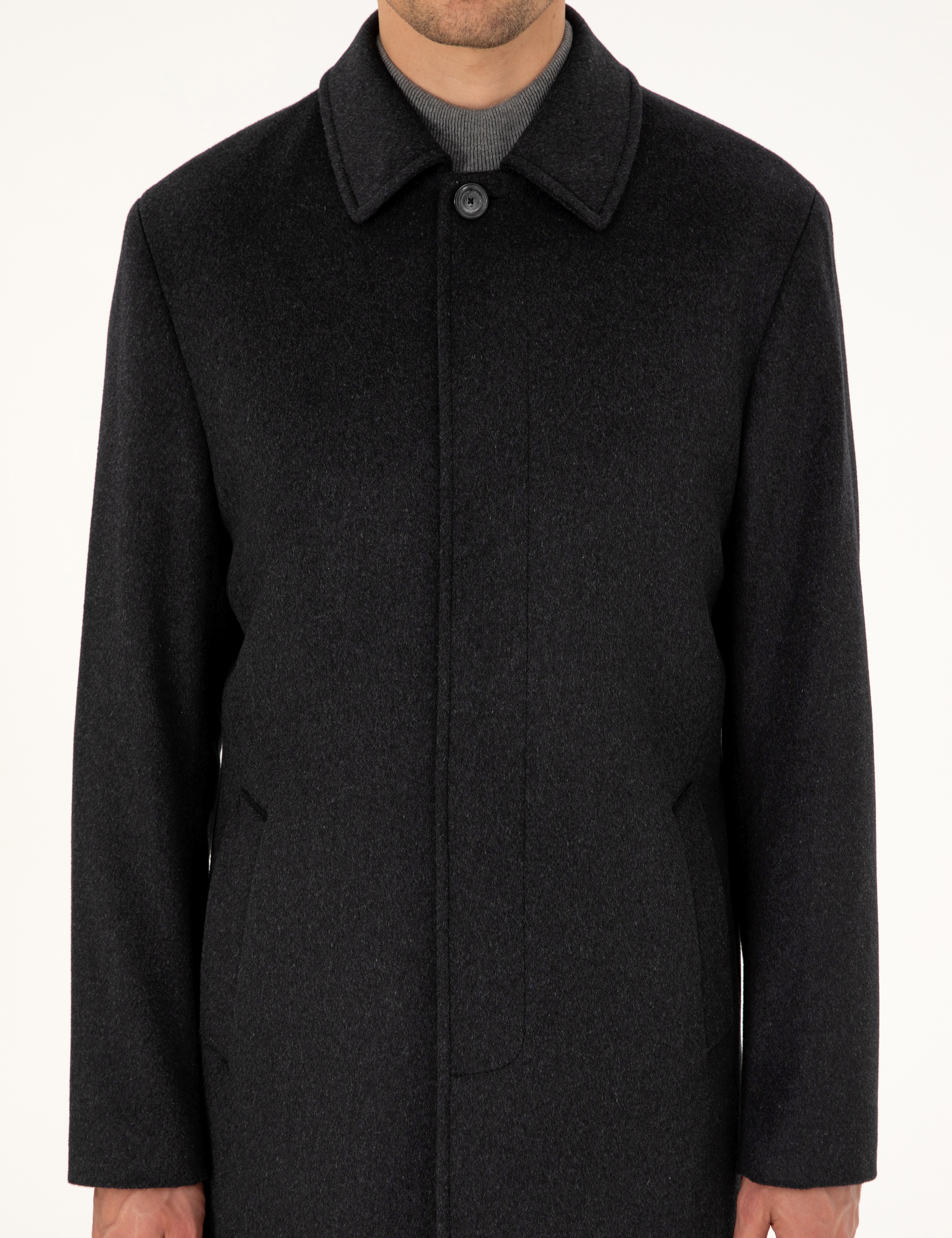 Antrasit Slim Fit Yün Karışımlı Kaşe Kaban - Image 7