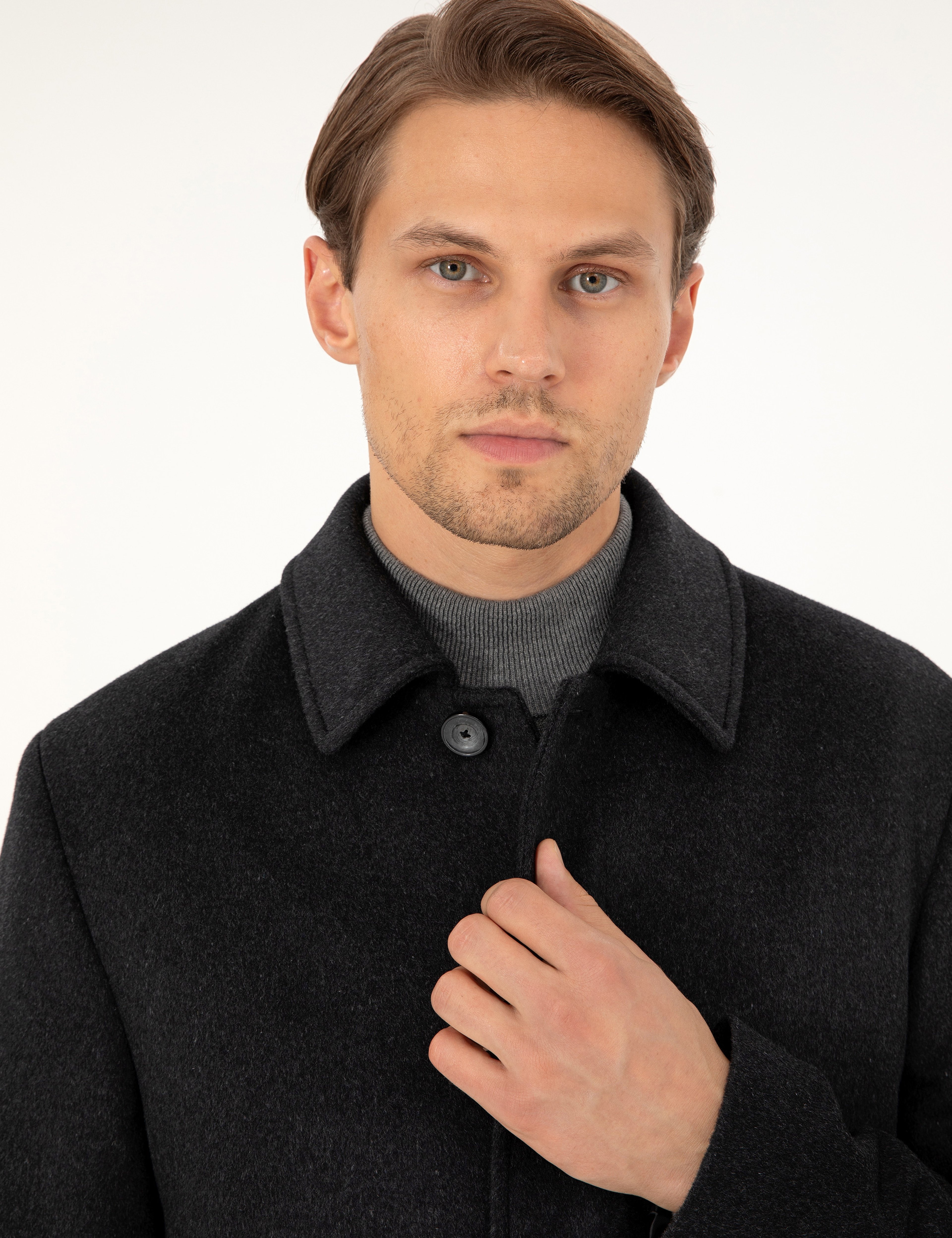 Antrasit Slim Fit Yün Karışımlı Kaşe Kaban - Image 2