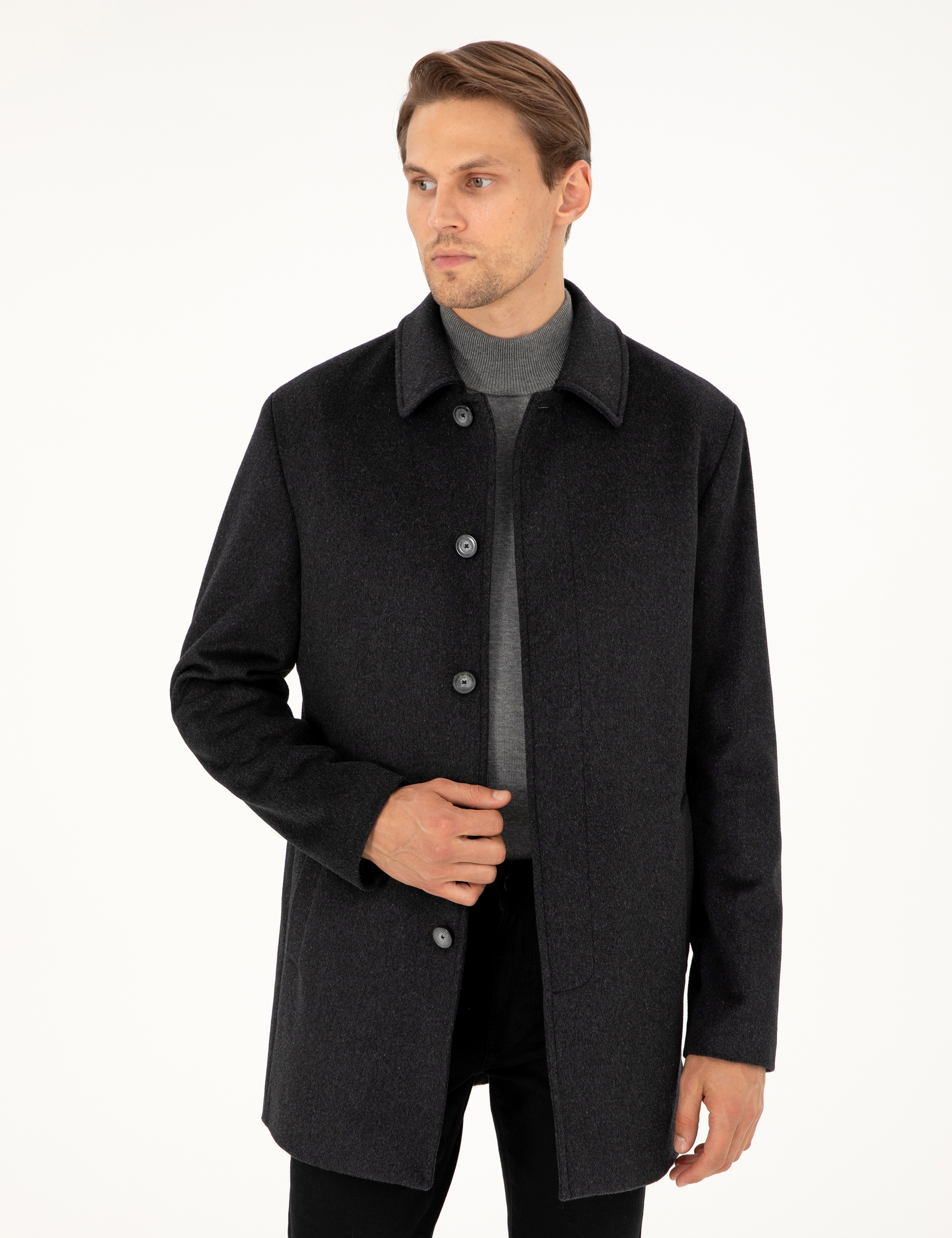 Antrasit Slim Fit Yün Karışımlı Kaşe Kaban - Image 1