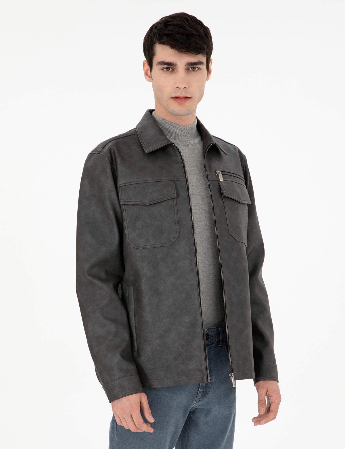 Lacivert Gömlek Yaka Suni Deri Ceket