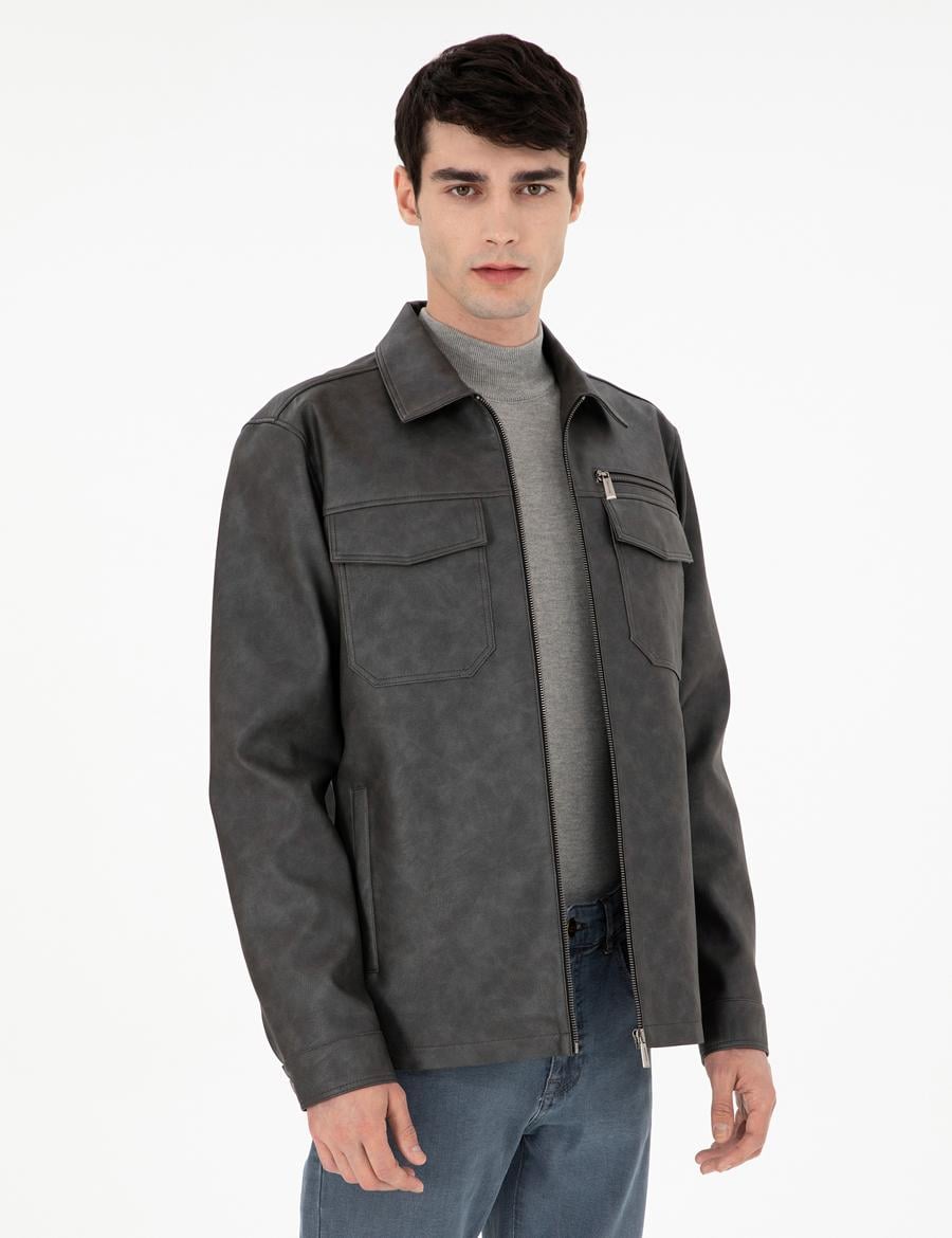 Lacivert Gömlek Yaka Suni Deri Ceket