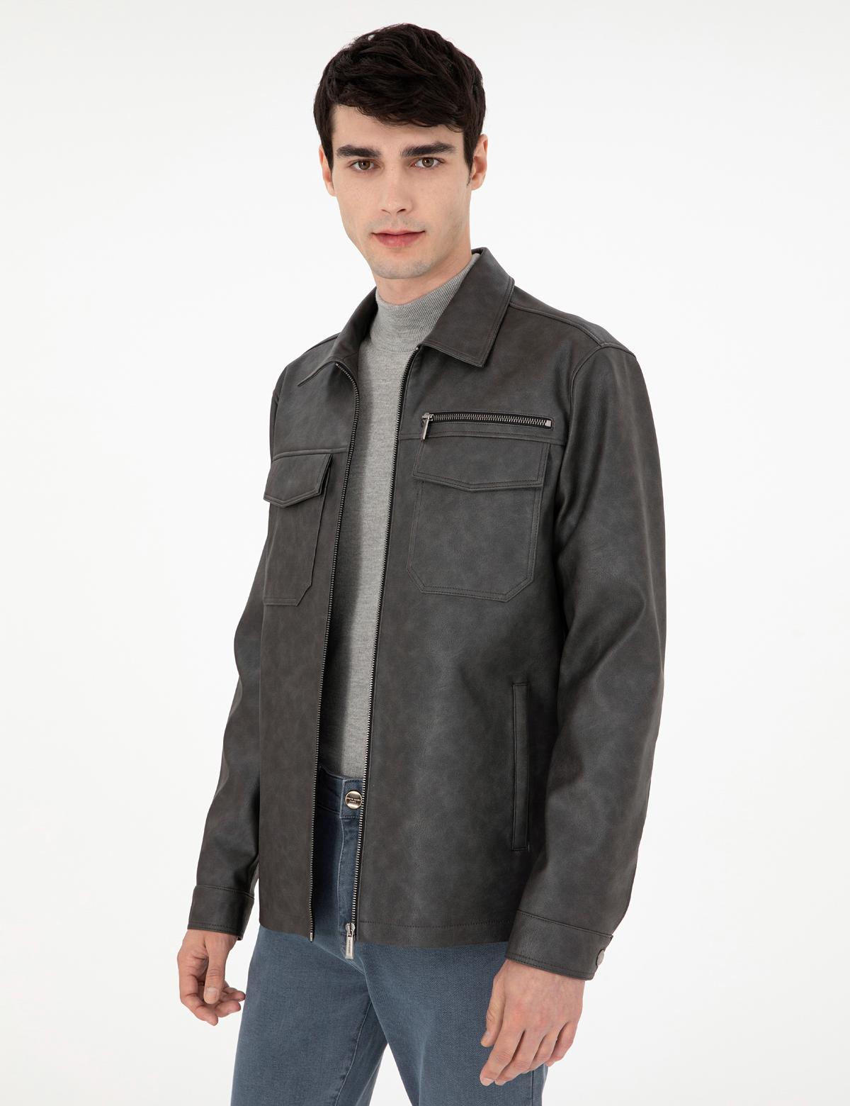 Lacivert Gömlek Yaka Suni Deri Ceket - 50300561009