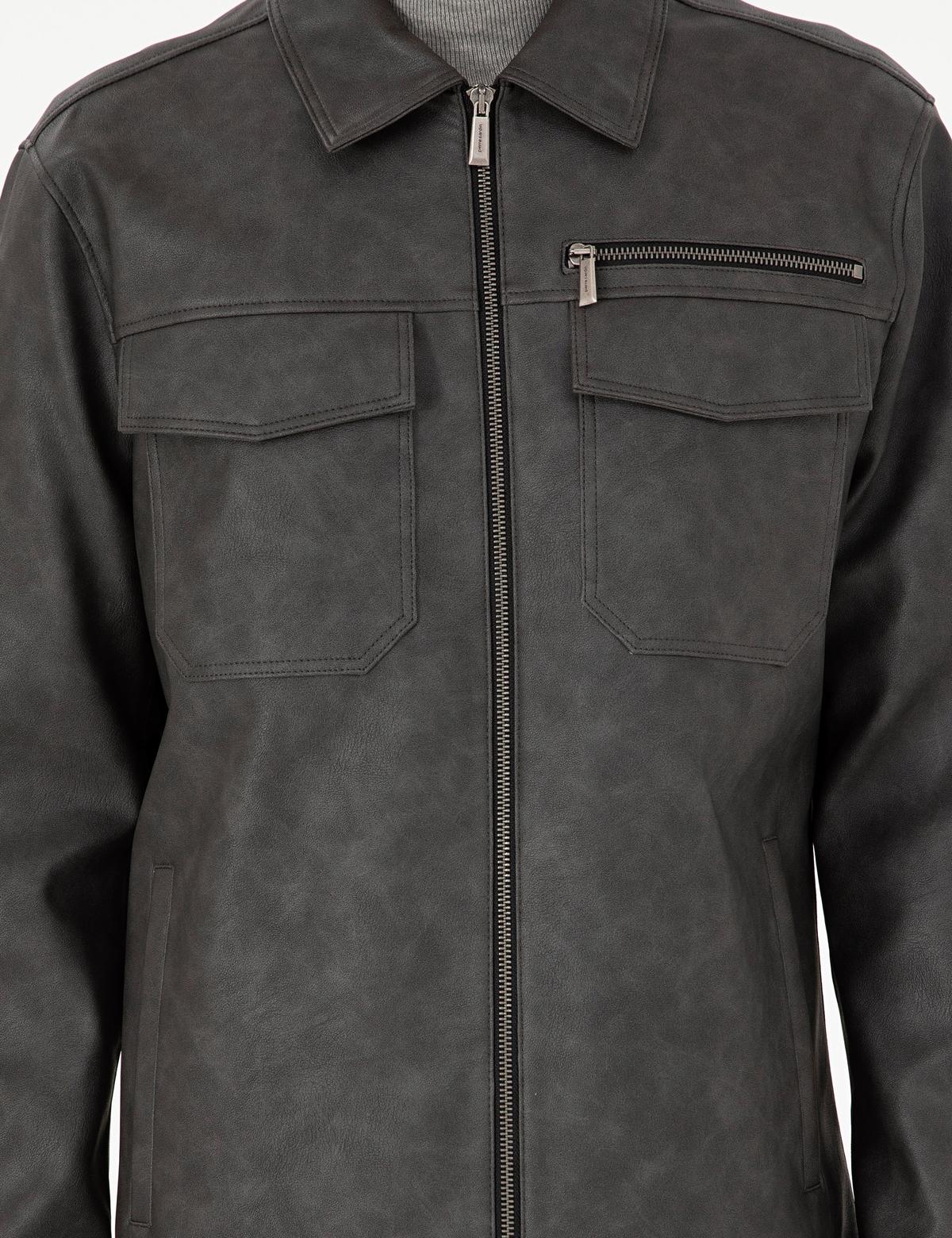 Lacivert Gömlek Yaka Suni Deri Ceket - 50300561009