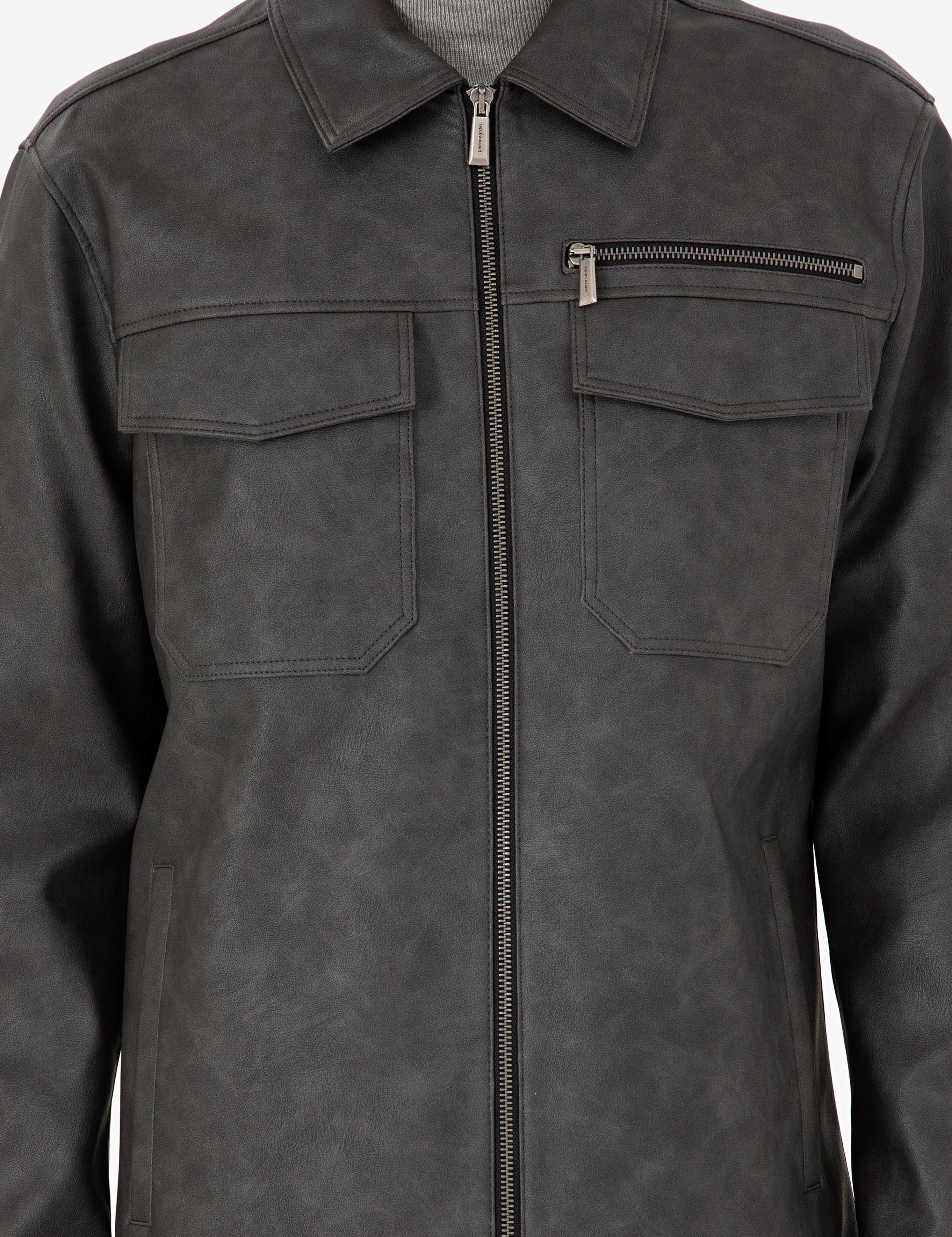 Lacivert Gömlek Yaka Suni Deri Ceket