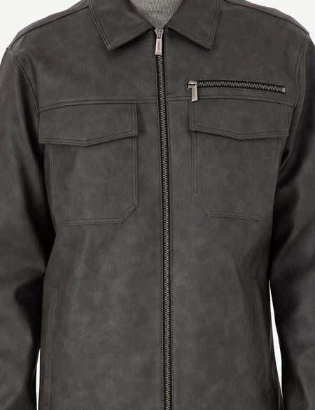 Lacivert Gömlek Yaka Suni Deri Ceket - 50300561009