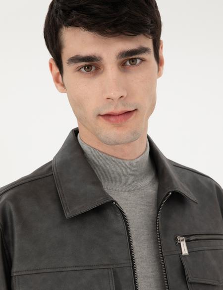 Lacivert Gömlek Yaka Suni Deri Ceket - 50300561009