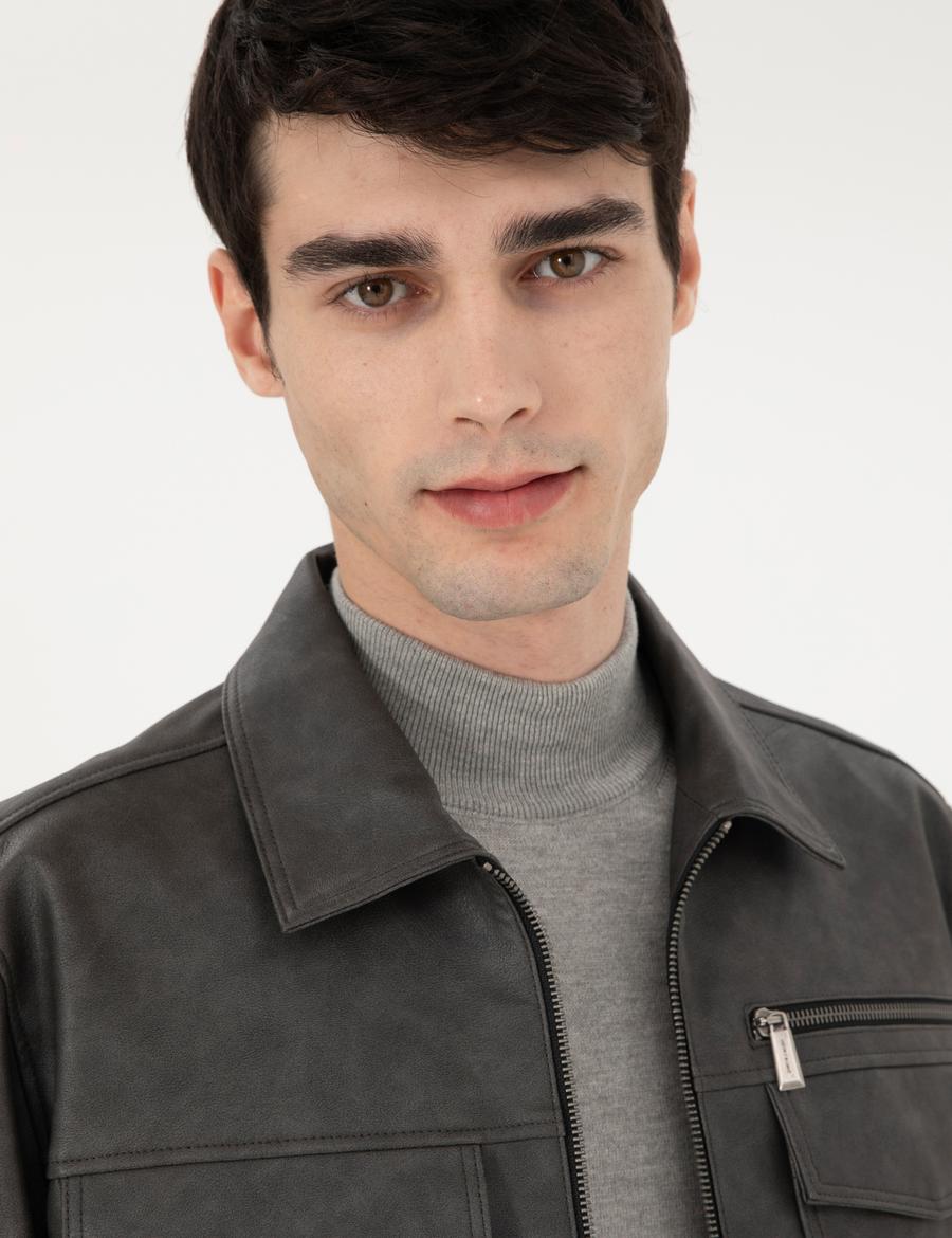 Lacivert Gömlek Yaka Suni Deri Ceket