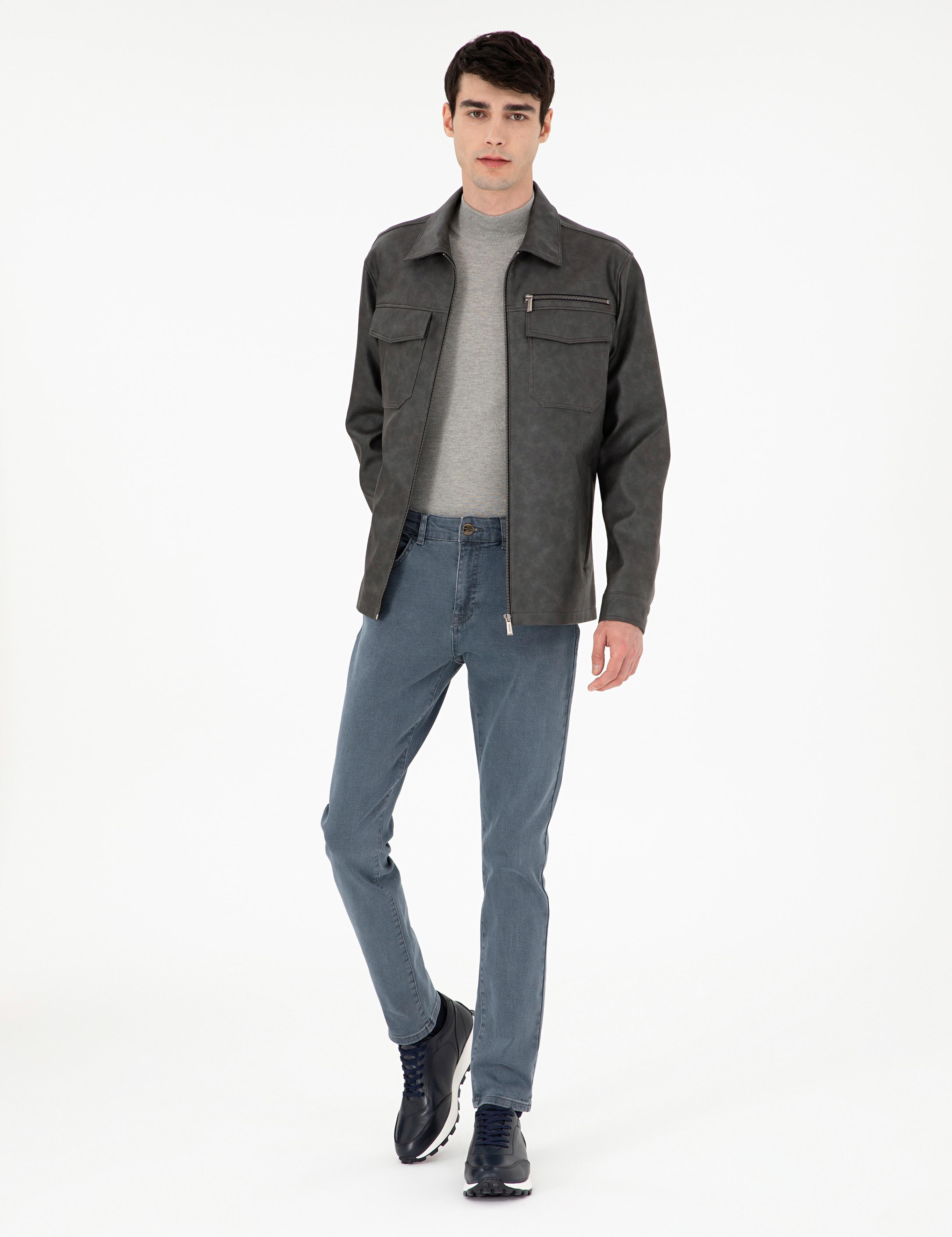 Lacivert Gömlek Yaka Suni Deri Ceket