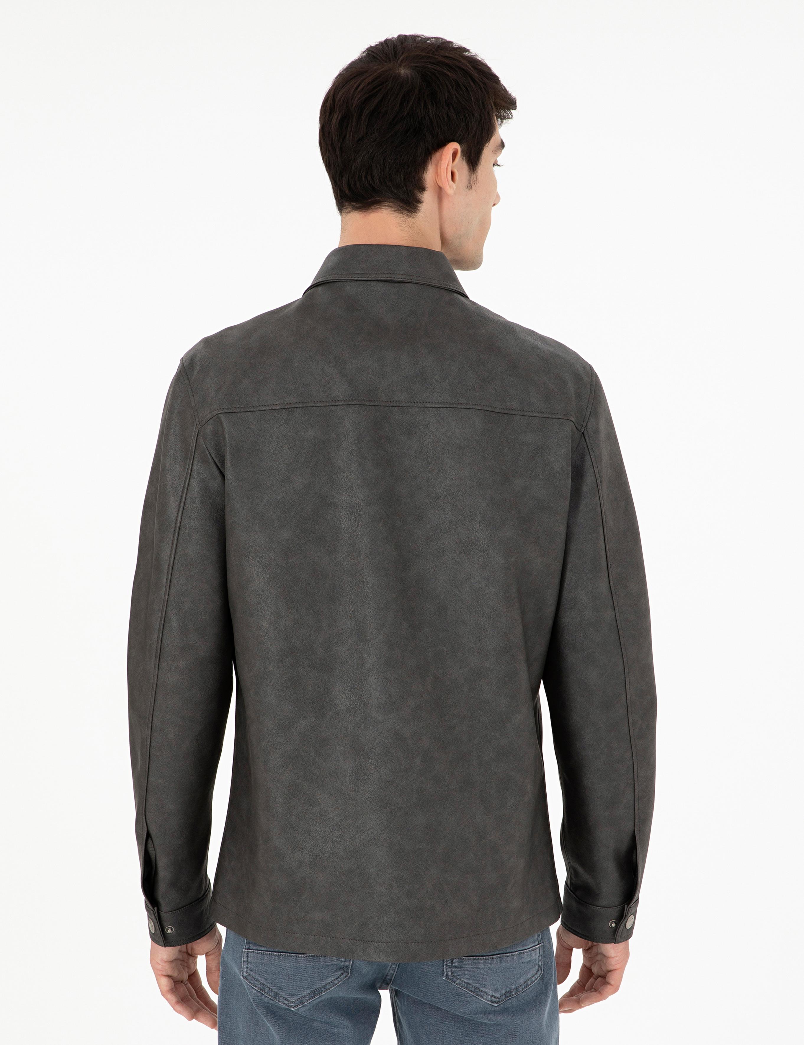 Lacivert Gömlek Yaka Suni Deri Ceket