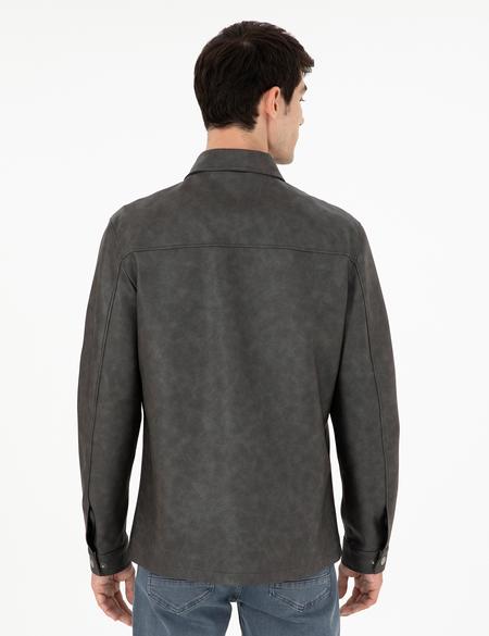 Lacivert Gömlek Yaka Suni Deri Ceket - 50300561009