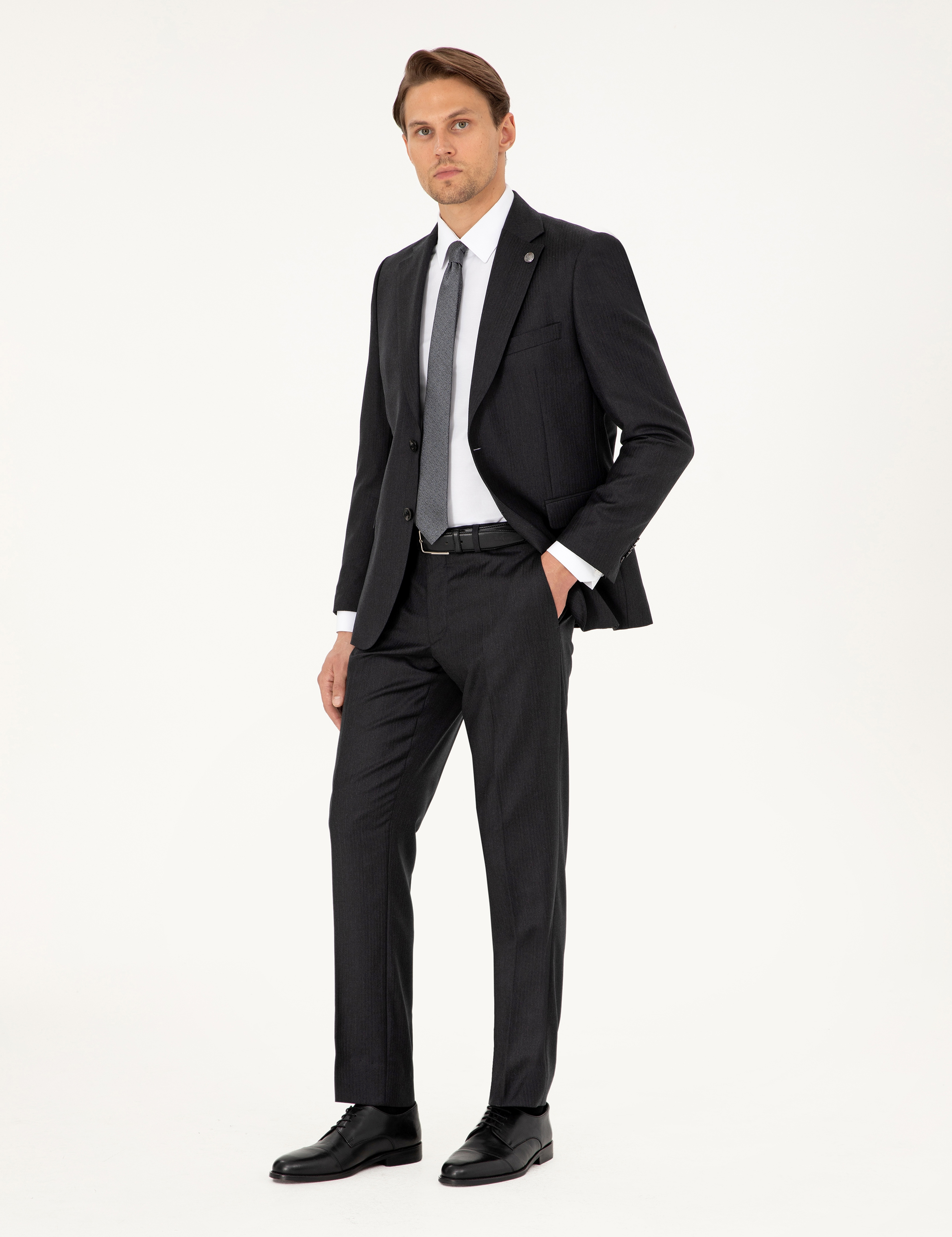 Antrasit Slim Fit Çizgili Yün Takım Elbise - Image 4