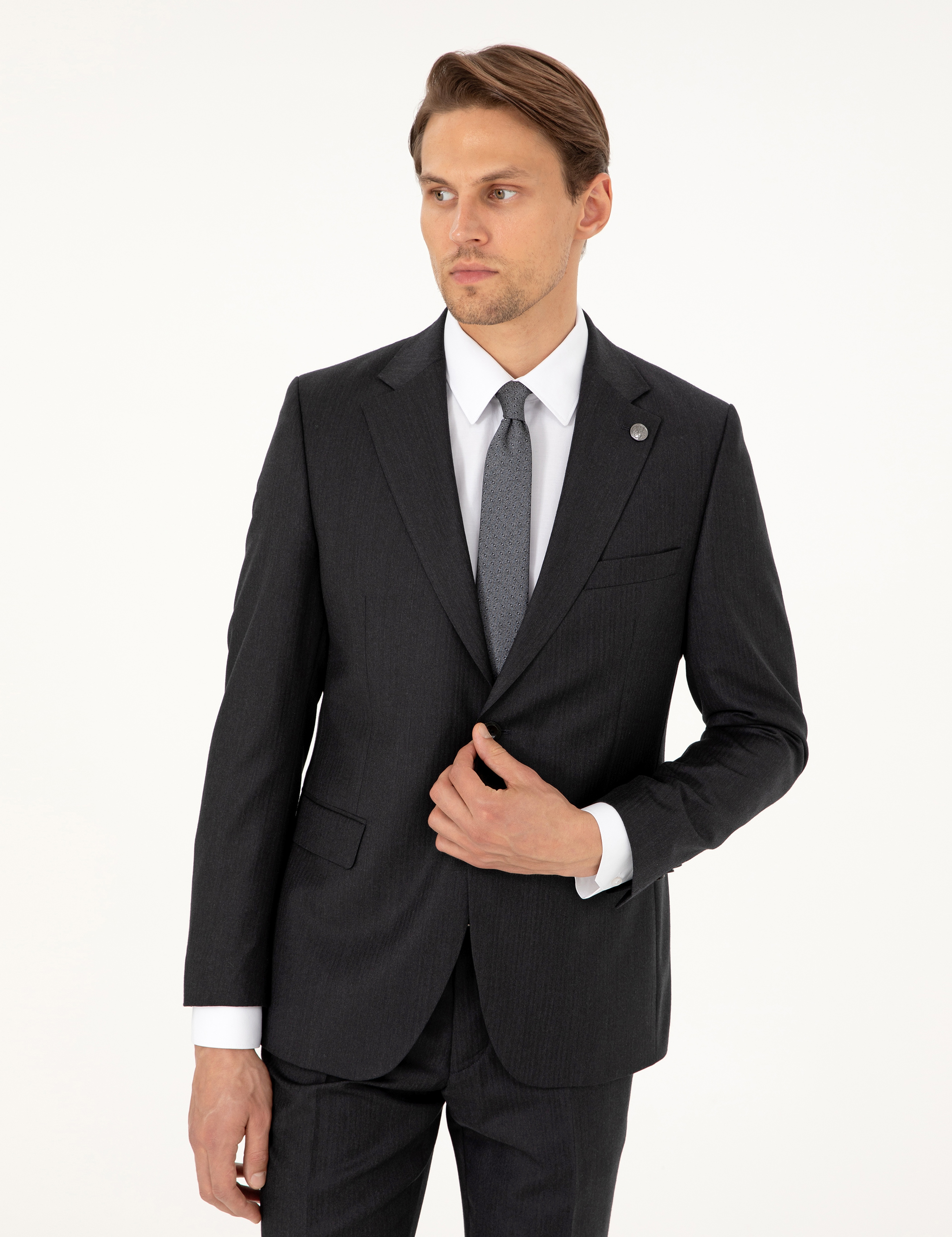 Antrasit Slim Fit Çizgili Yün Takım Elbise - Image 3