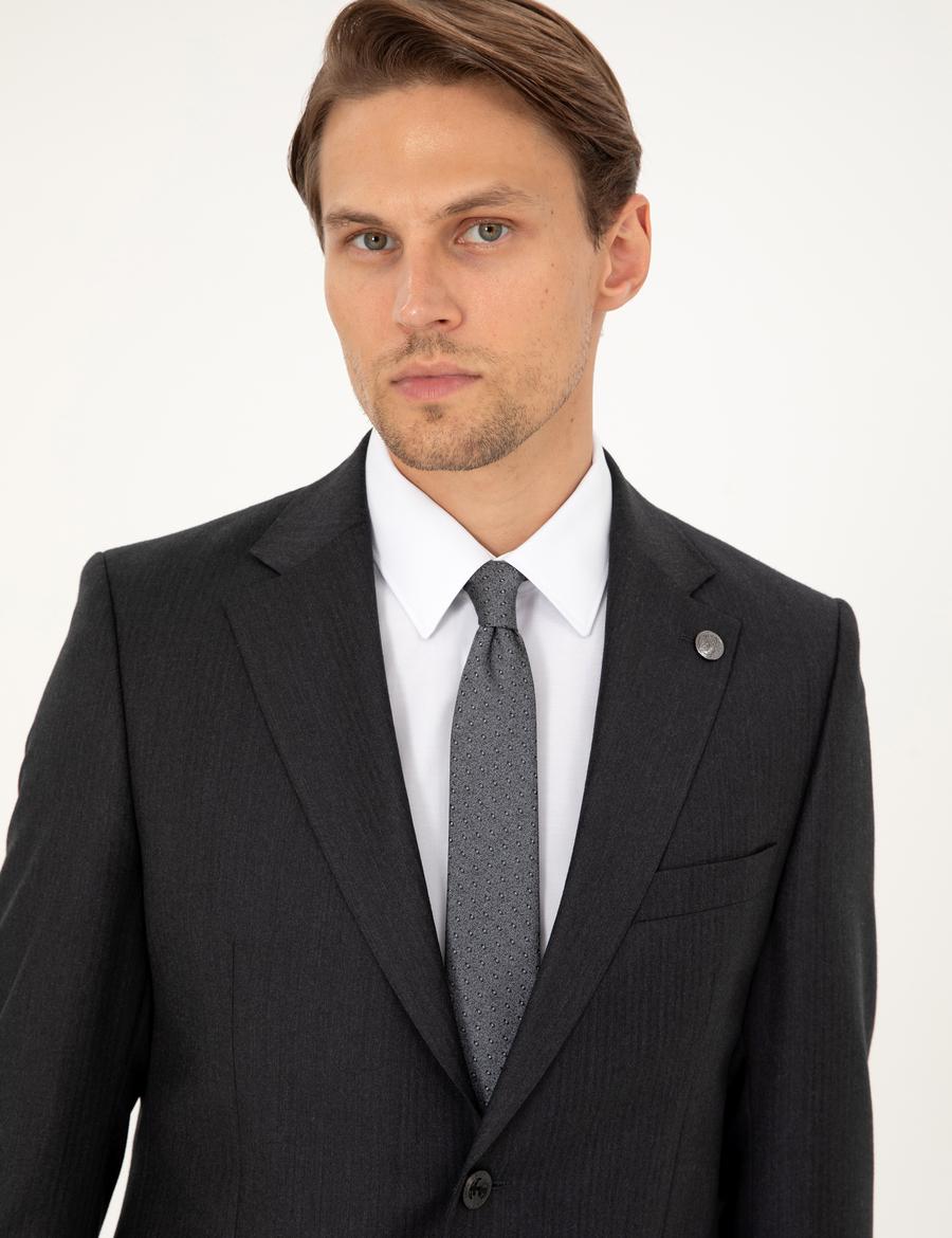 Antrasit Slim Fit Çizgili Yün Takım Elbise
