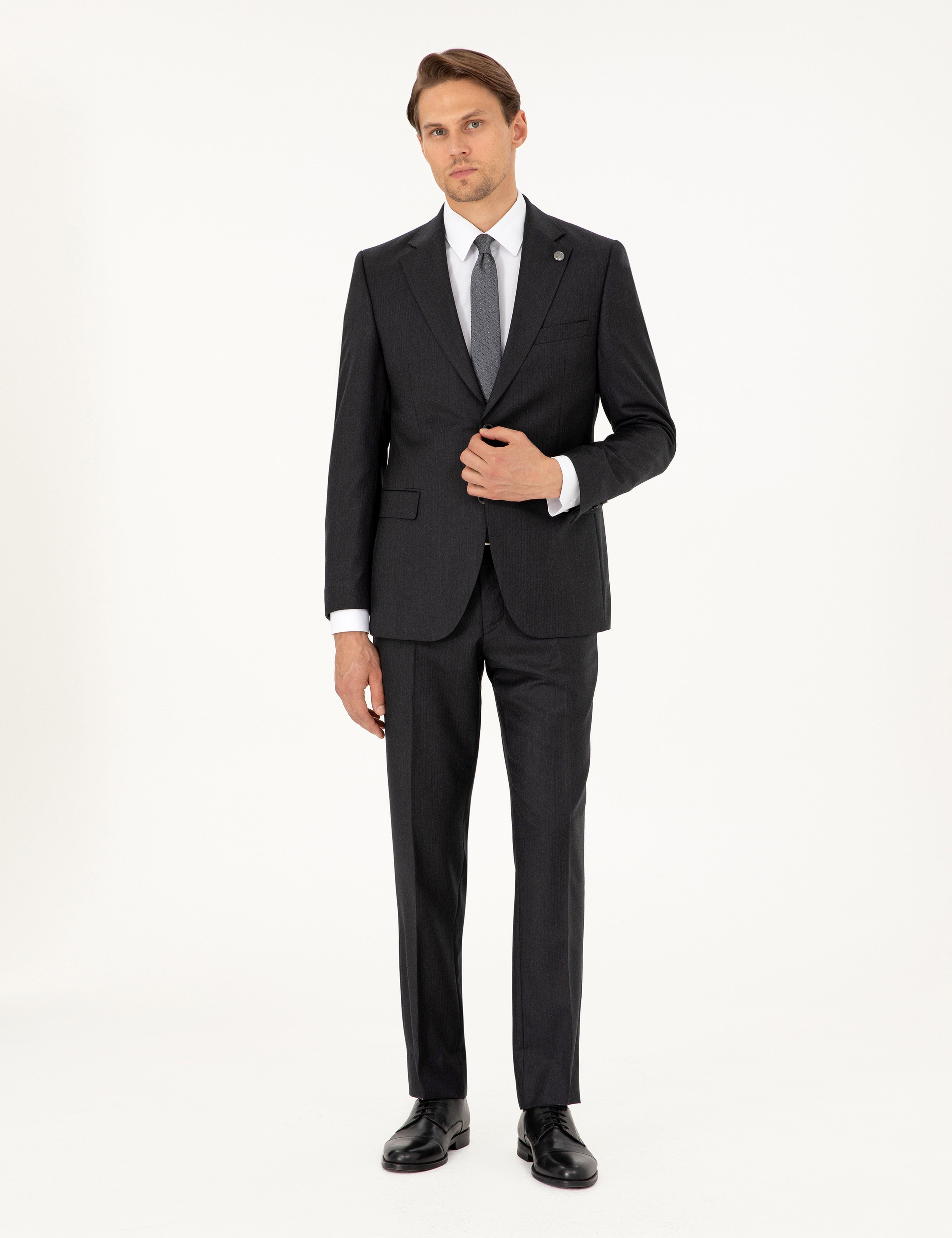 Antrasit Slim Fit Çizgili Yün Takım Elbise - Image 1