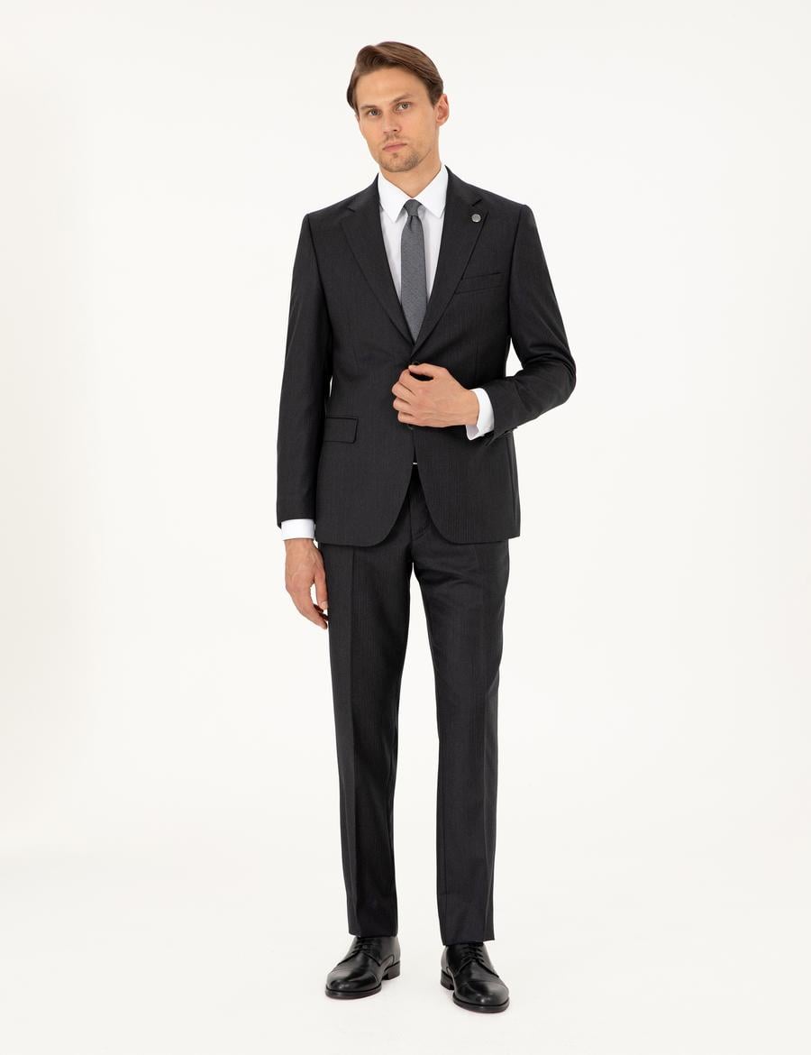 Antrasit Slim Fit Çizgili Yün Takım Elbise