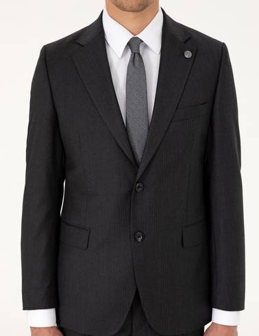 Antrasit Slim Fit Çizgili Yün Takım Elbise