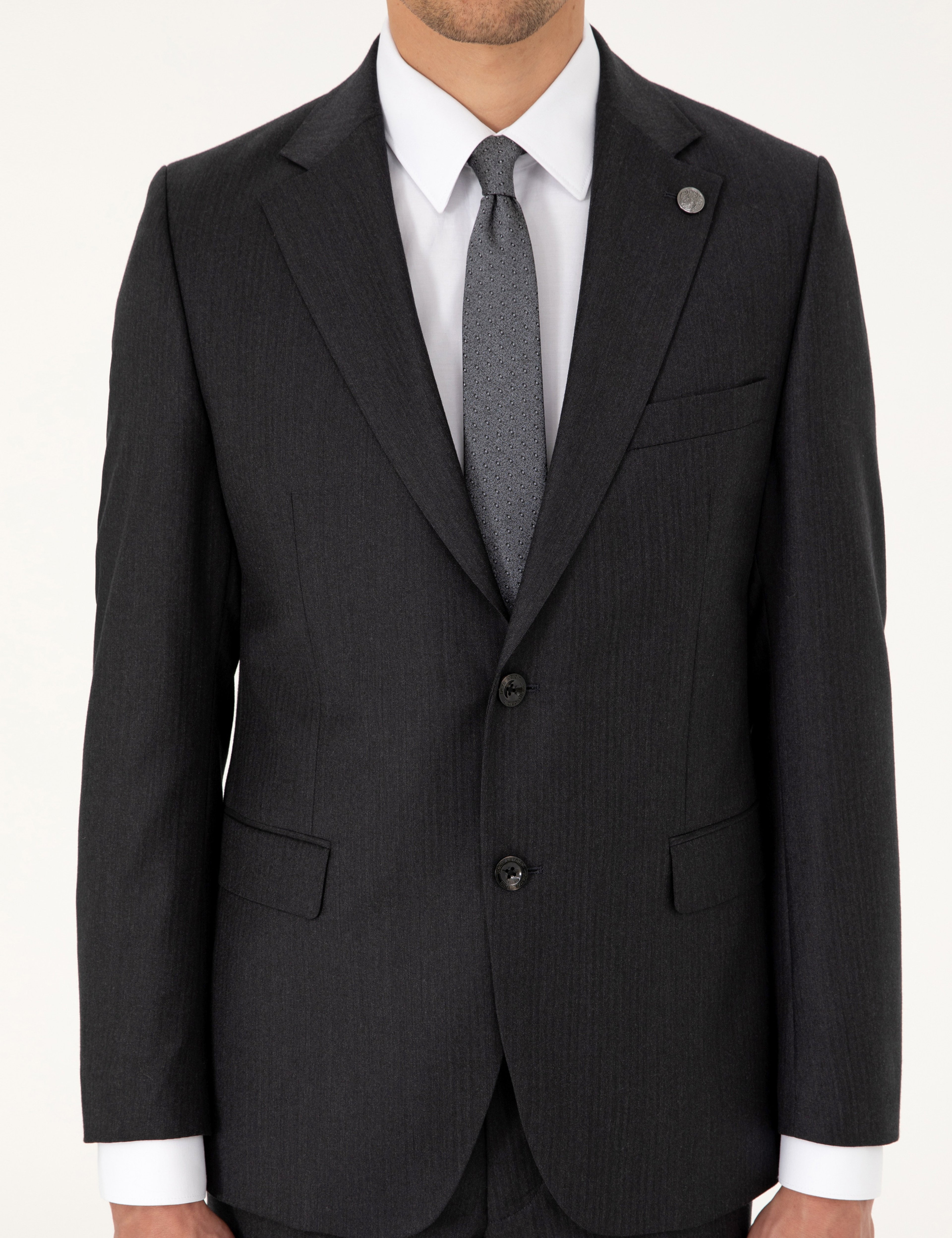 Antrasit Slim Fit Çizgili Yün Takım Elbise