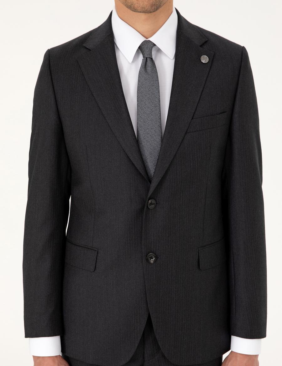 Antrasit Slim Fit Çizgili Yün Takım Elbise