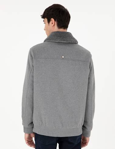 Gri Yün Karışımlı Regular Fit Kaşe Mont
