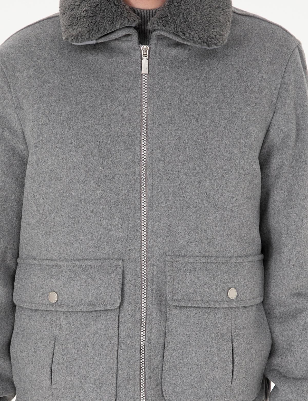 Gri Yün Karışımlı Regular Fit Kaşe Mont - 50293328018