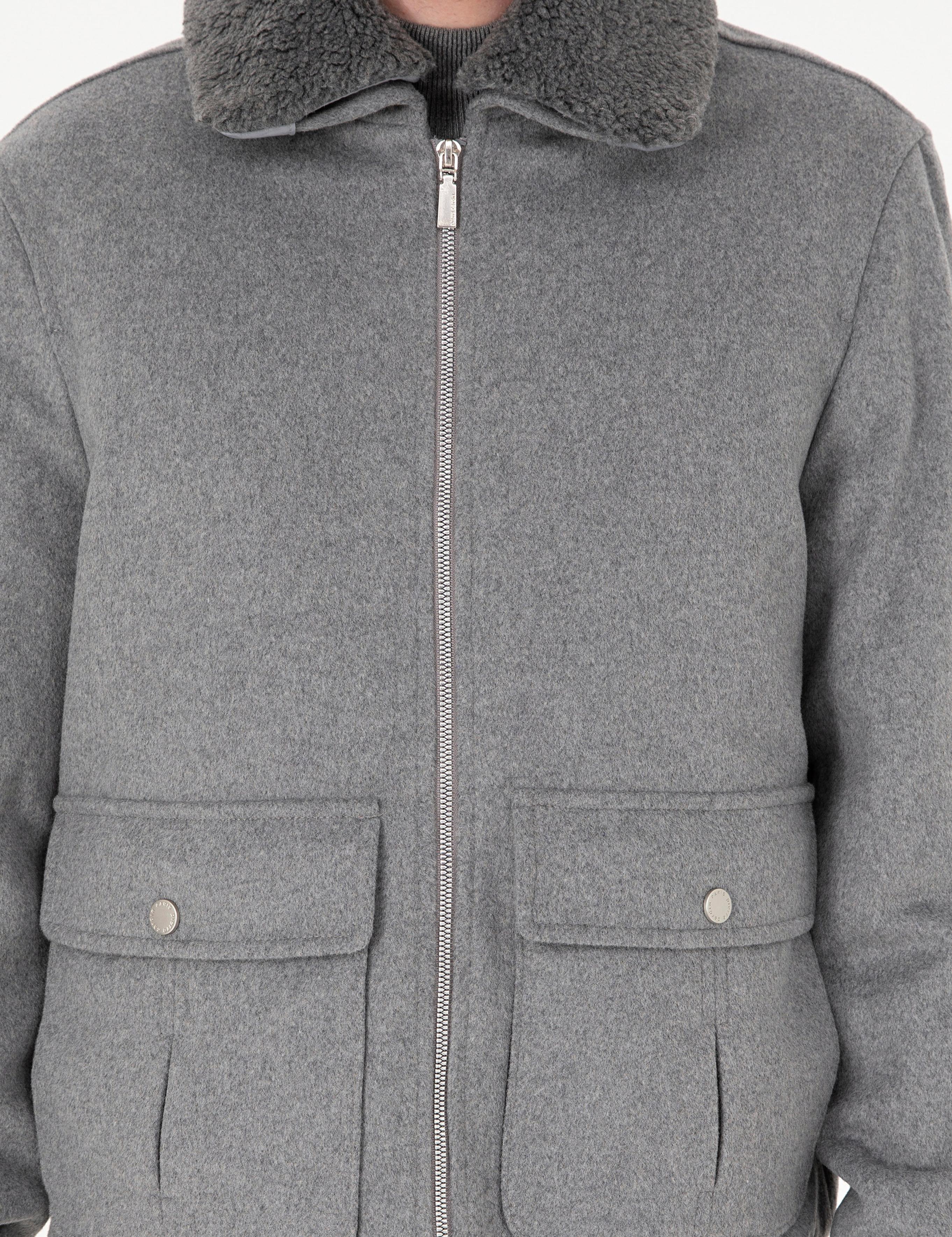 Gri Yün Karışımlı Regular Fit Kaşe Mont