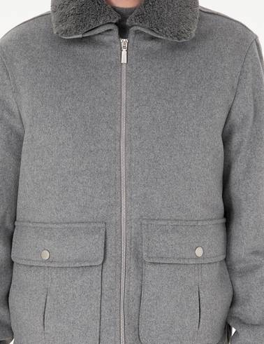 Gri Yün Karışımlı Regular Fit Kaşe Mont