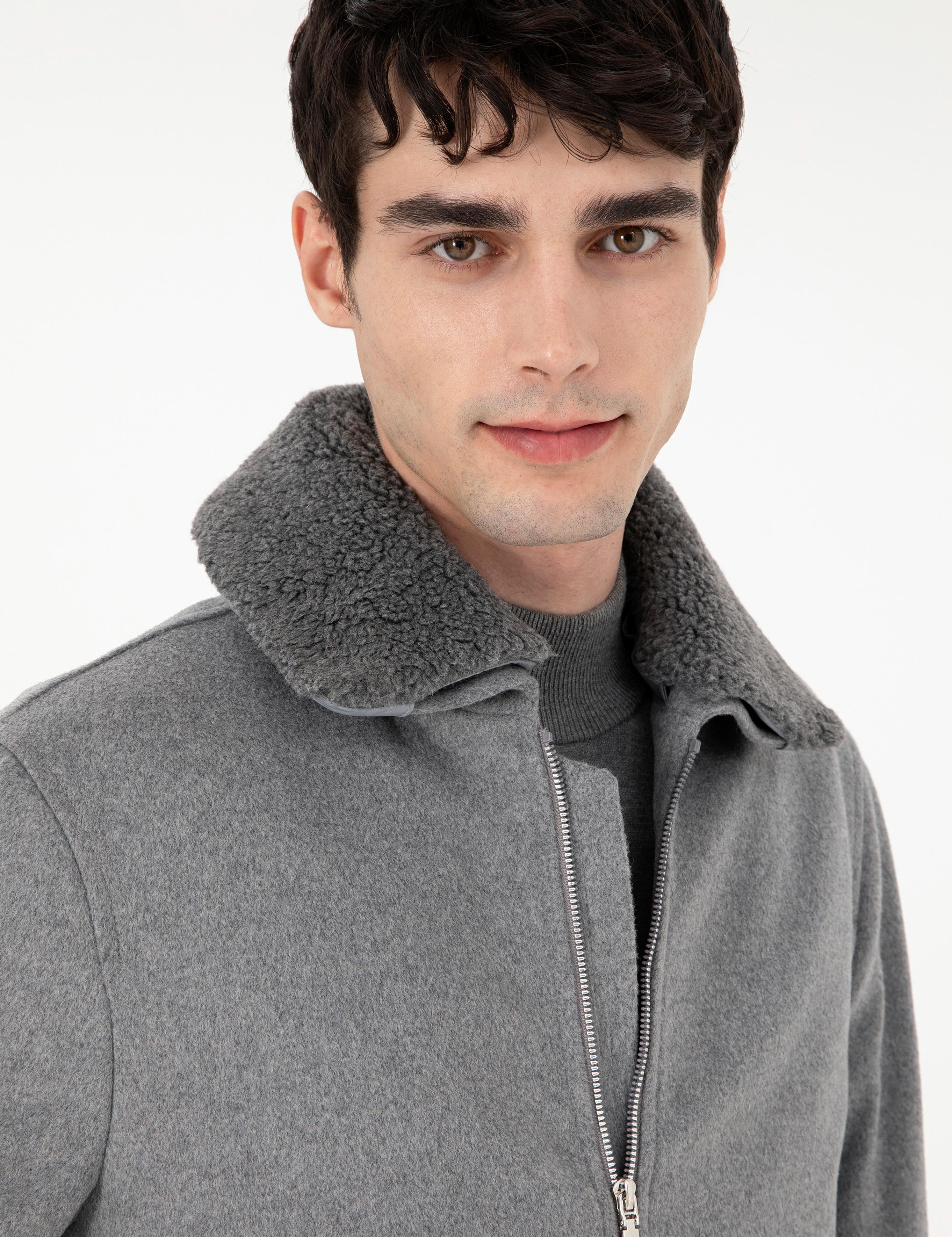 Gri Yün Karışımlı Regular Fit Kaşe Mont