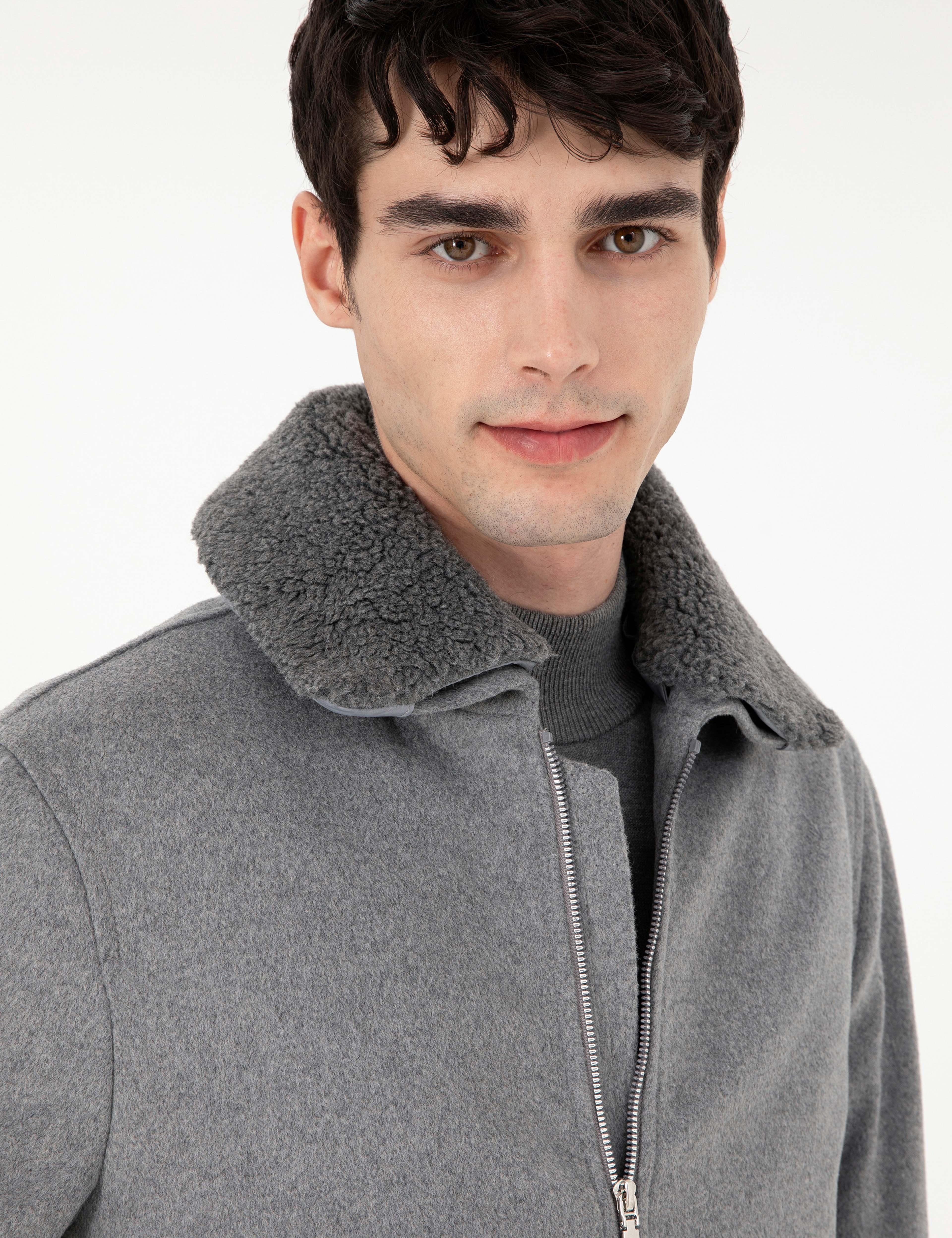 Gri Yün Karışımlı Regular Fit Kaşe Mont