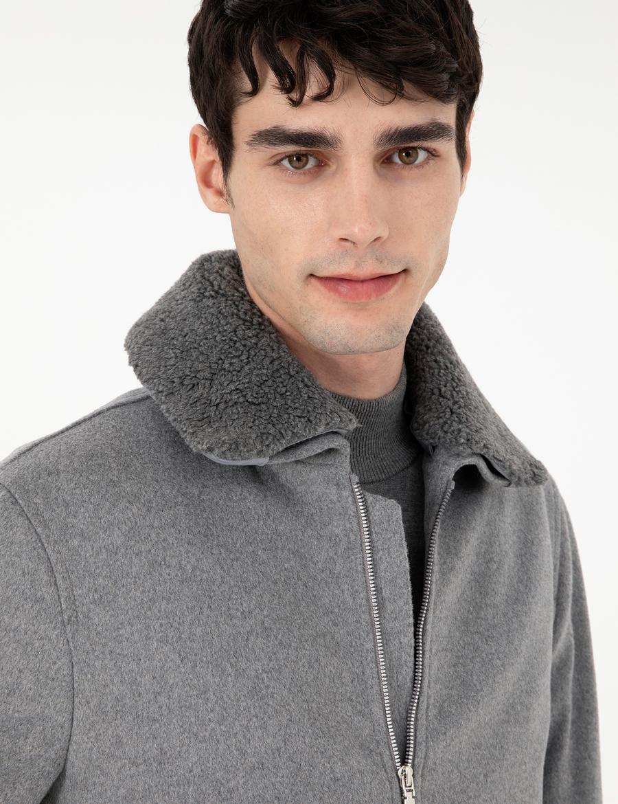 Gri Yün Karışımlı Regular Fit Kaşe Mont