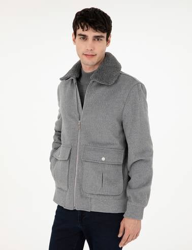 Gri Yün Karışımlı Regular Fit Kaşe Mont