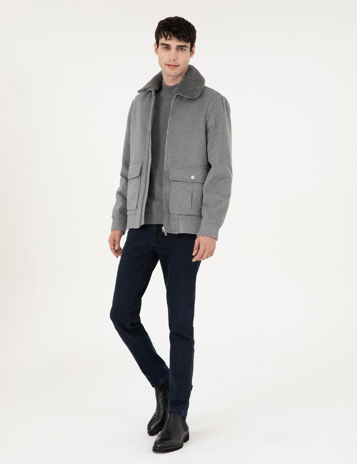 Gri Yün Karışımlı Regular Fit Kaşe Mont - 50293328018