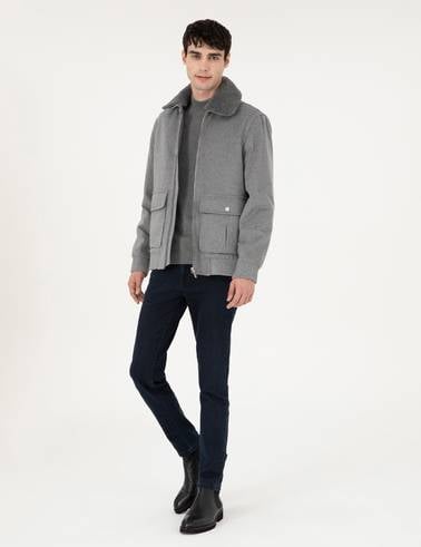 Gri Yün Karışımlı Regular Fit Kaşe Mont