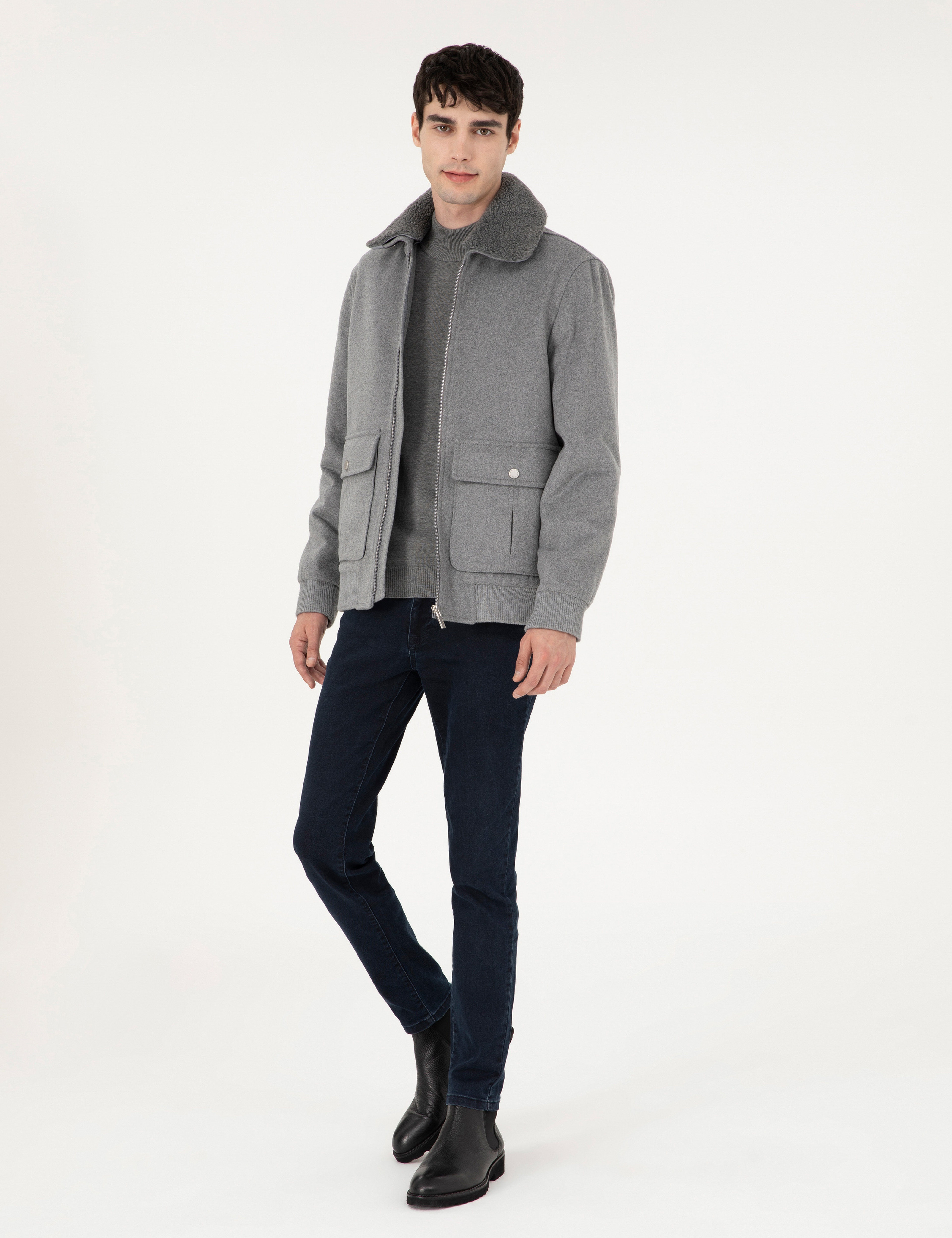 Gri Yün Karışımlı Regular Fit Kaşe Mont - Image 4