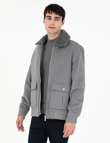 Gri Yün Karışımlı Regular Fit Kaşe Mont