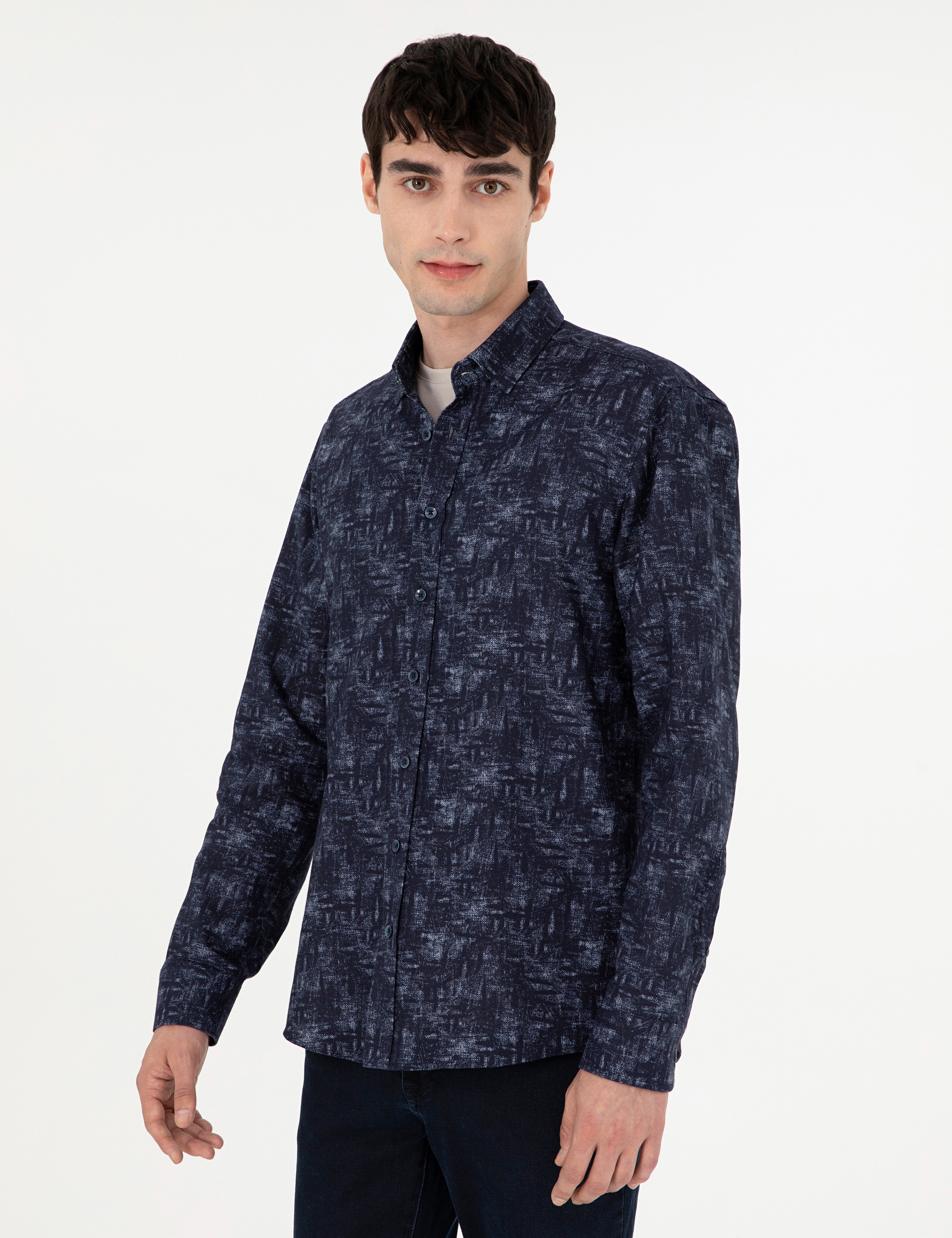 Lacivert Slim Fit Uzun Kollu Gömlek