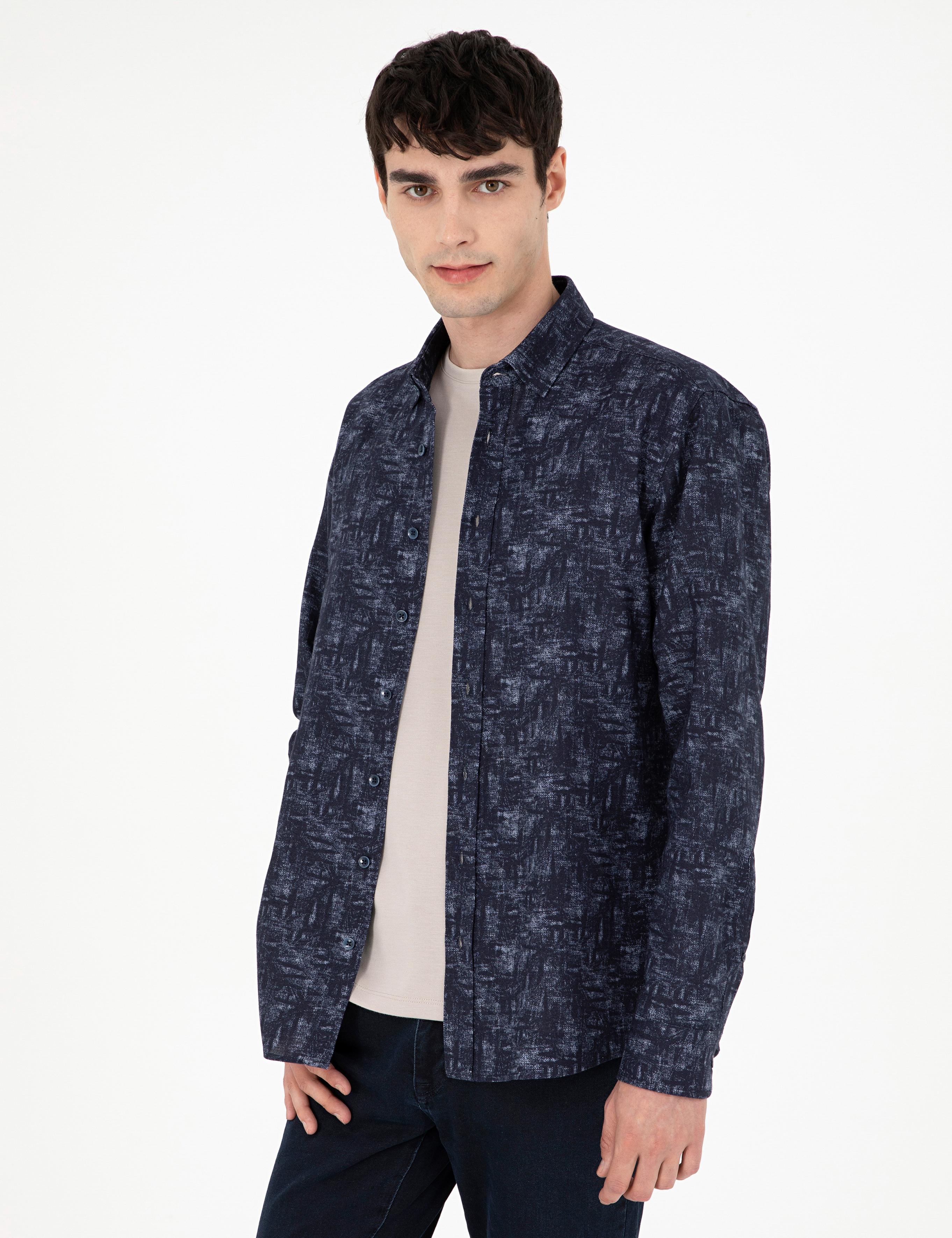 Lacivert Slim Fit Uzun Kollu Gömlek