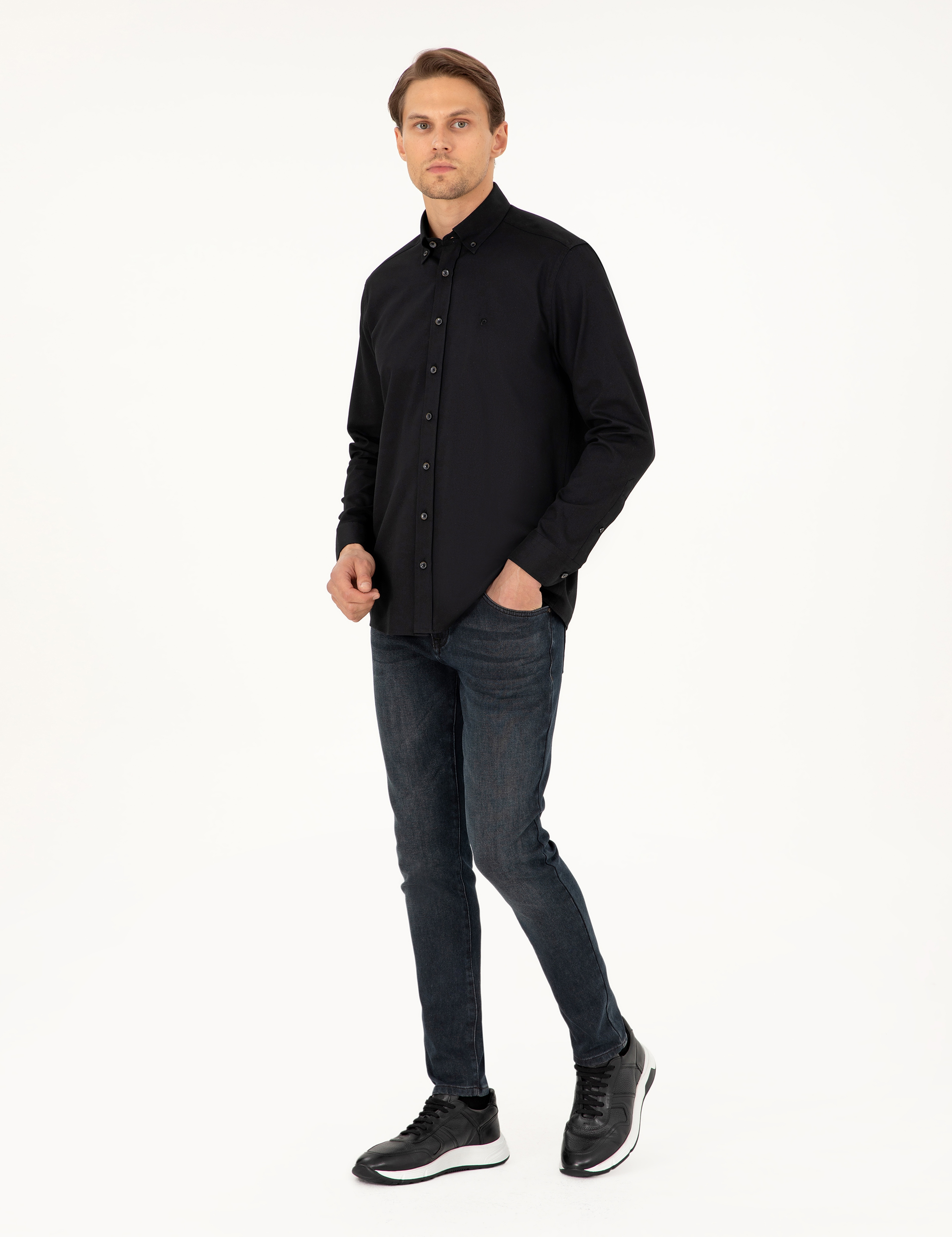 Siyah Regular Fit Uzun Kollu Gömlek - Image 4