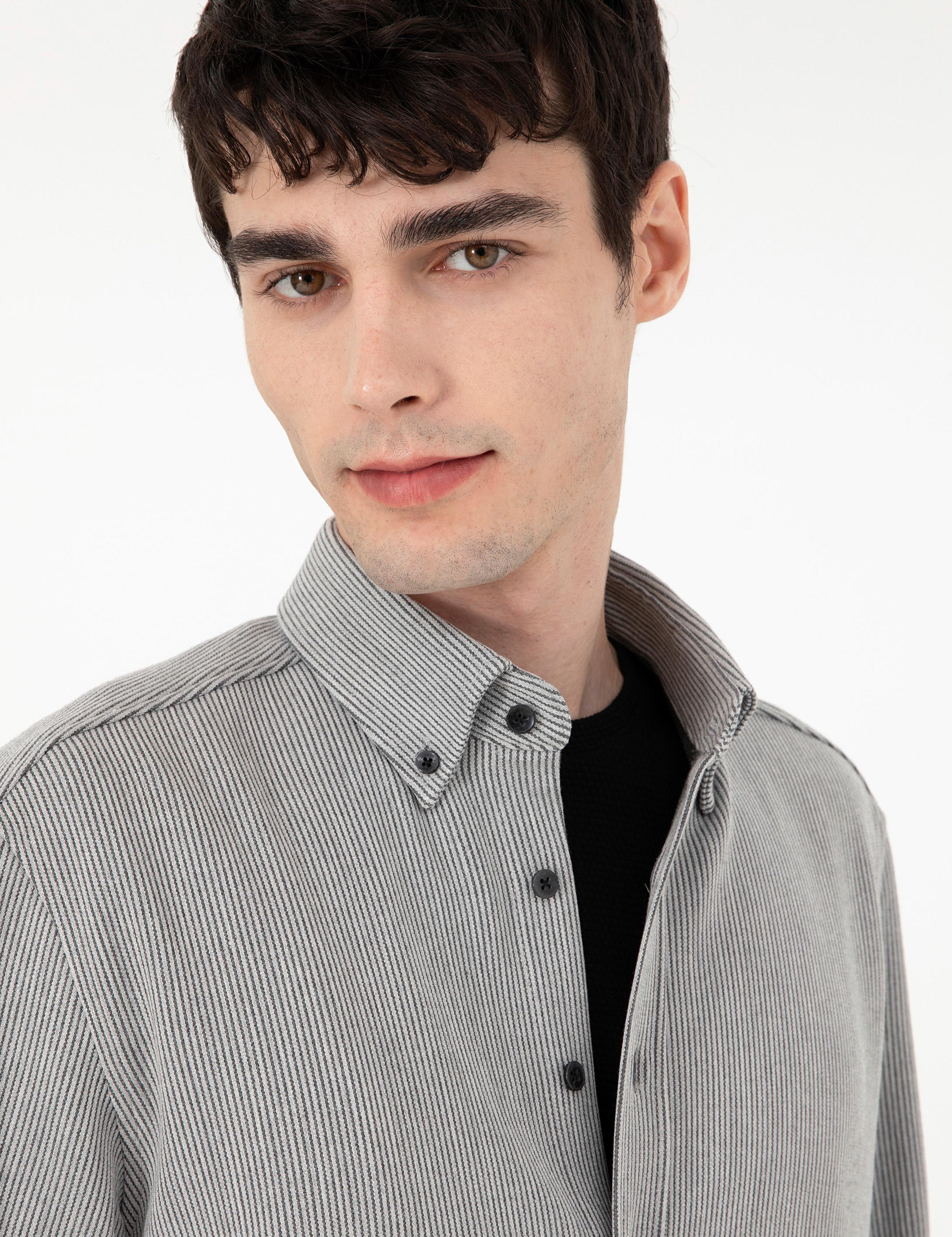 Gri Çizgili Regular Fit Uzun Kollu Gömlek