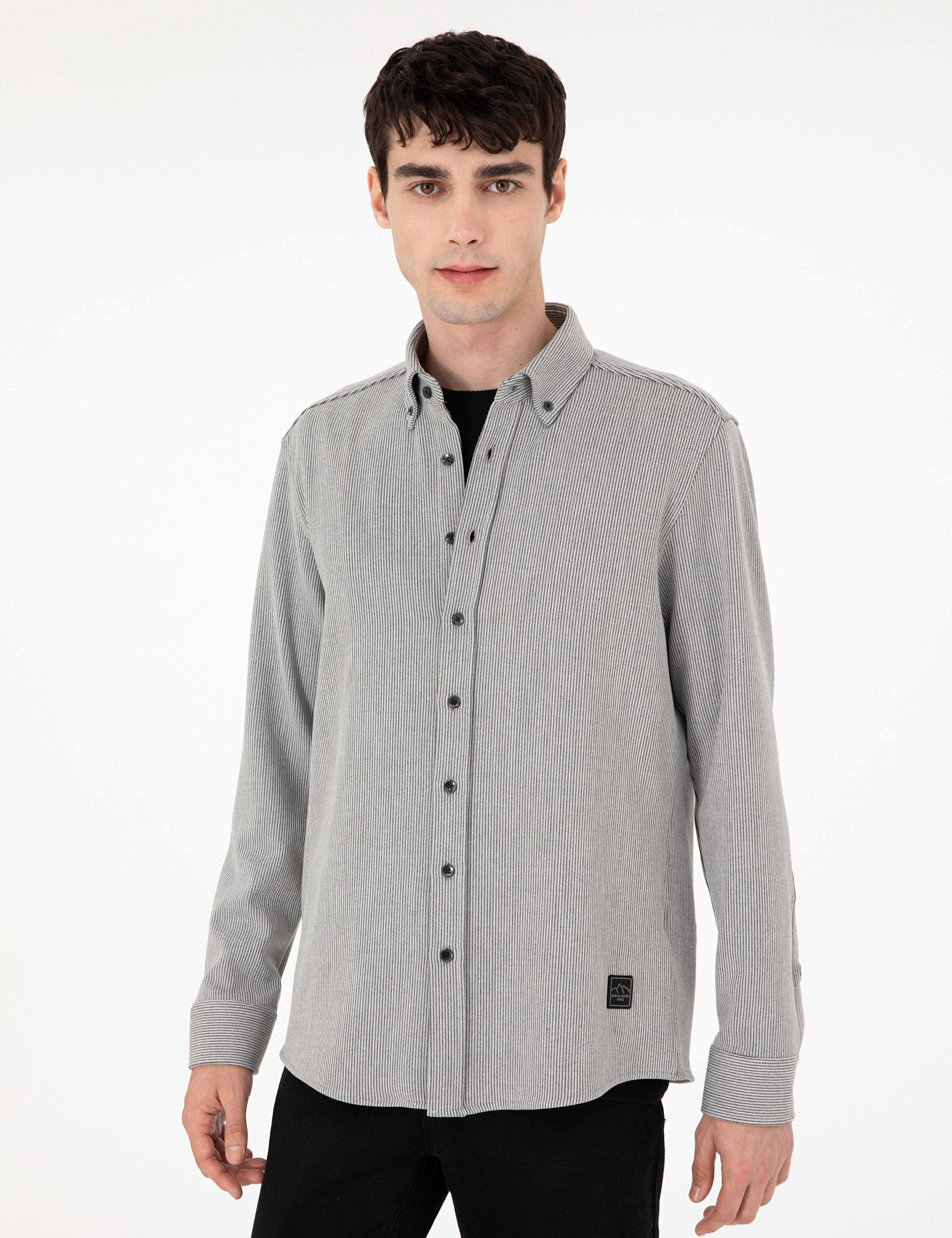 Gri Çizgili Regular Fit Uzun Kollu Gömlek - Image 3