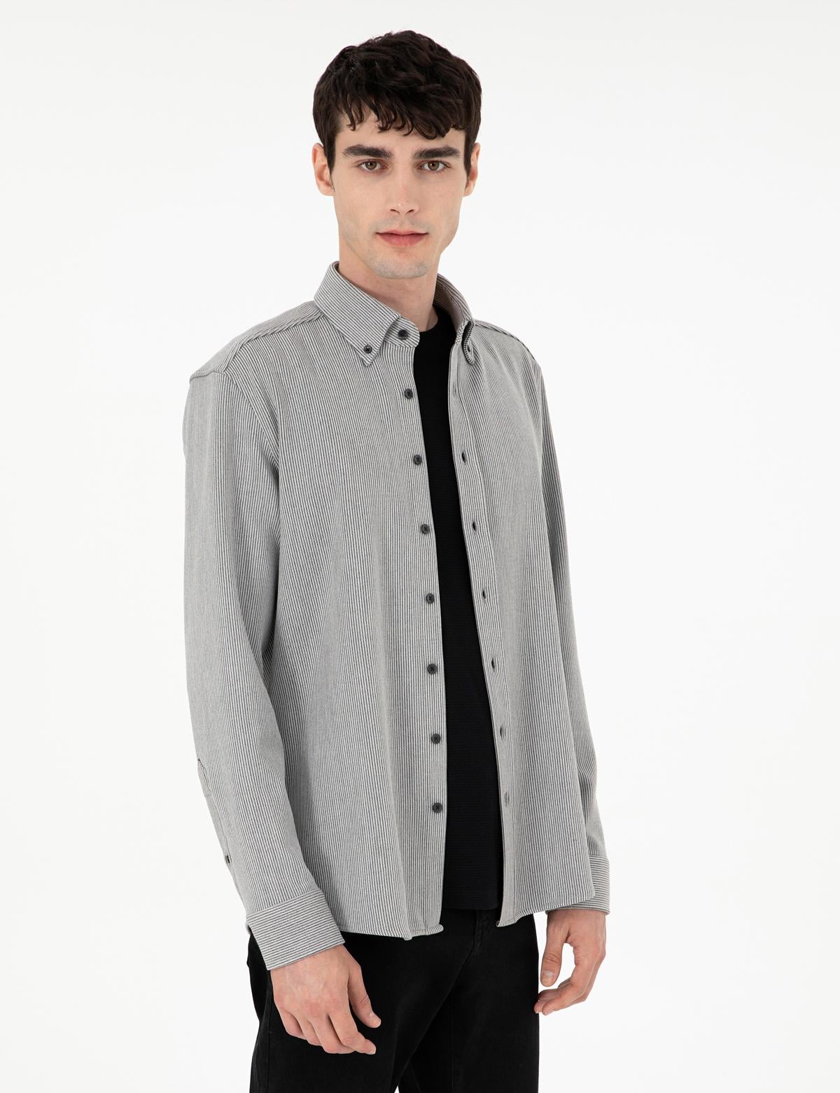 Gri Çizgili Regular Fit Uzun Kollu Gömlek