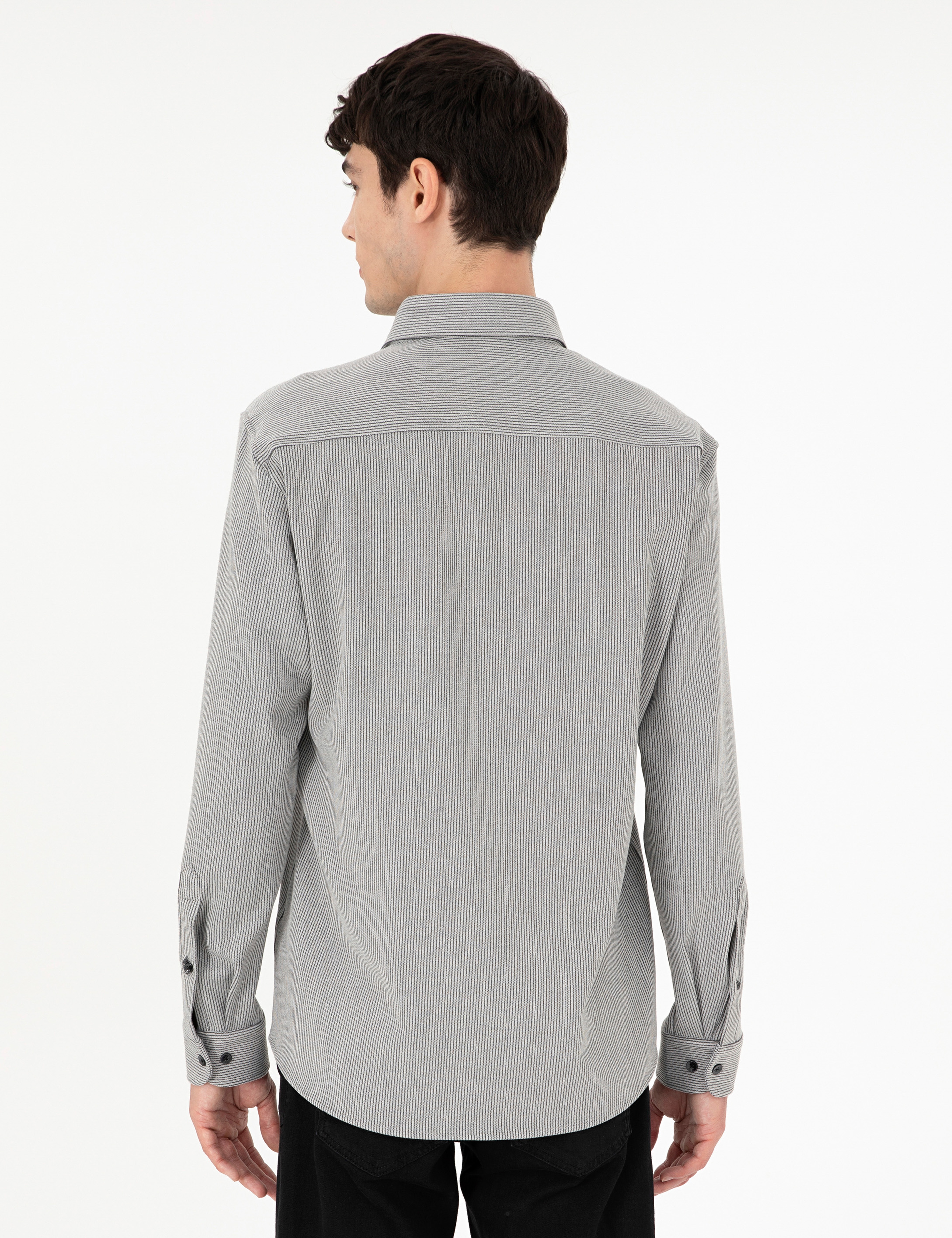 Gri Çizgili Regular Fit Uzun Kollu Gömlek - Image 5