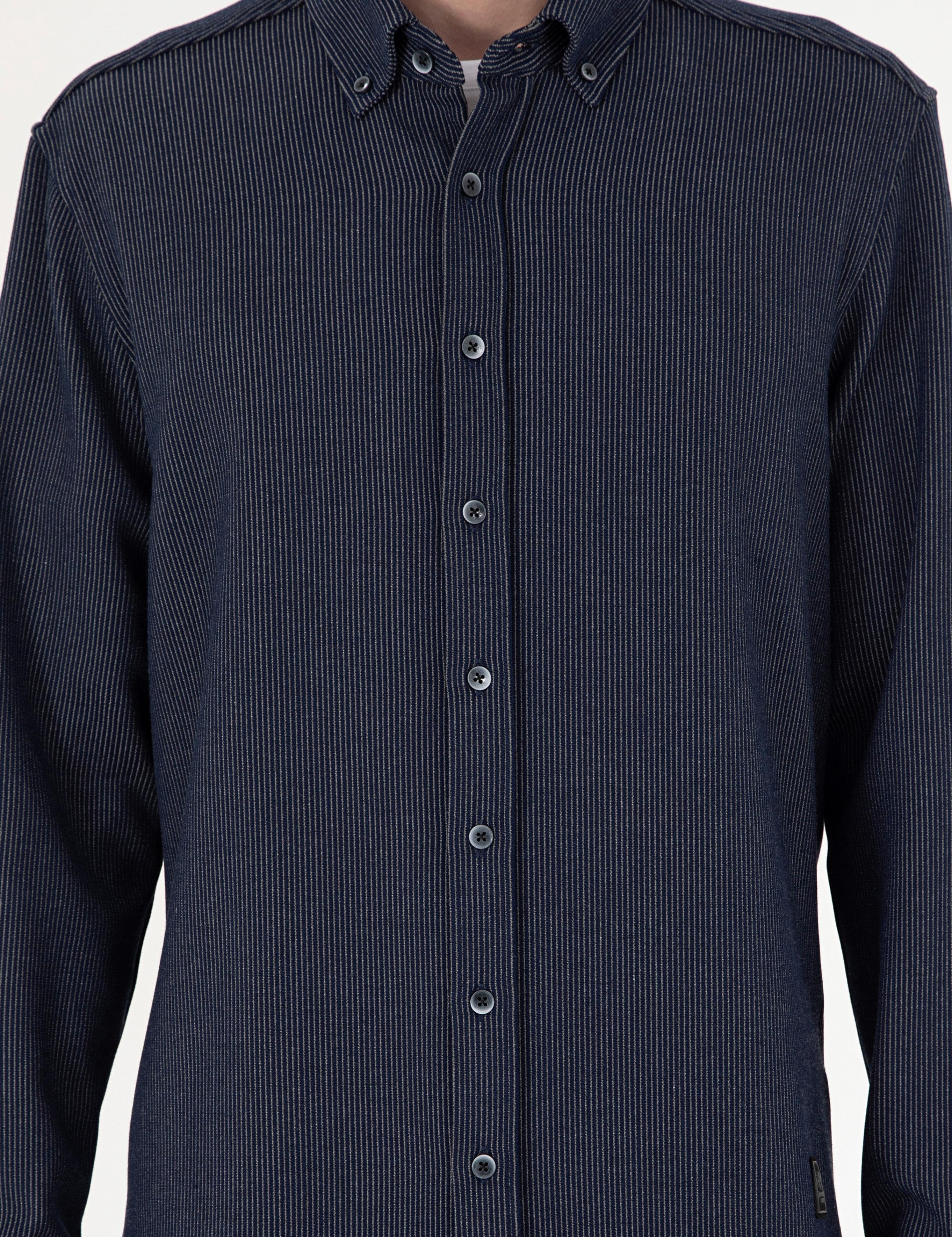 Lacivert Çizgili Regular Fit Uzun Kollu Gömlek