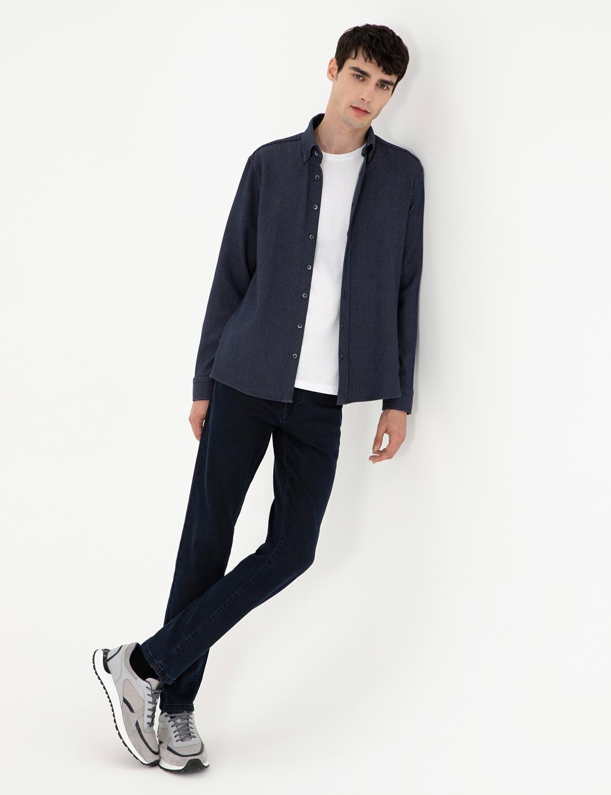 Lacivert Çizgili Regular Fit Uzun Kollu Gömlek - 50293947005