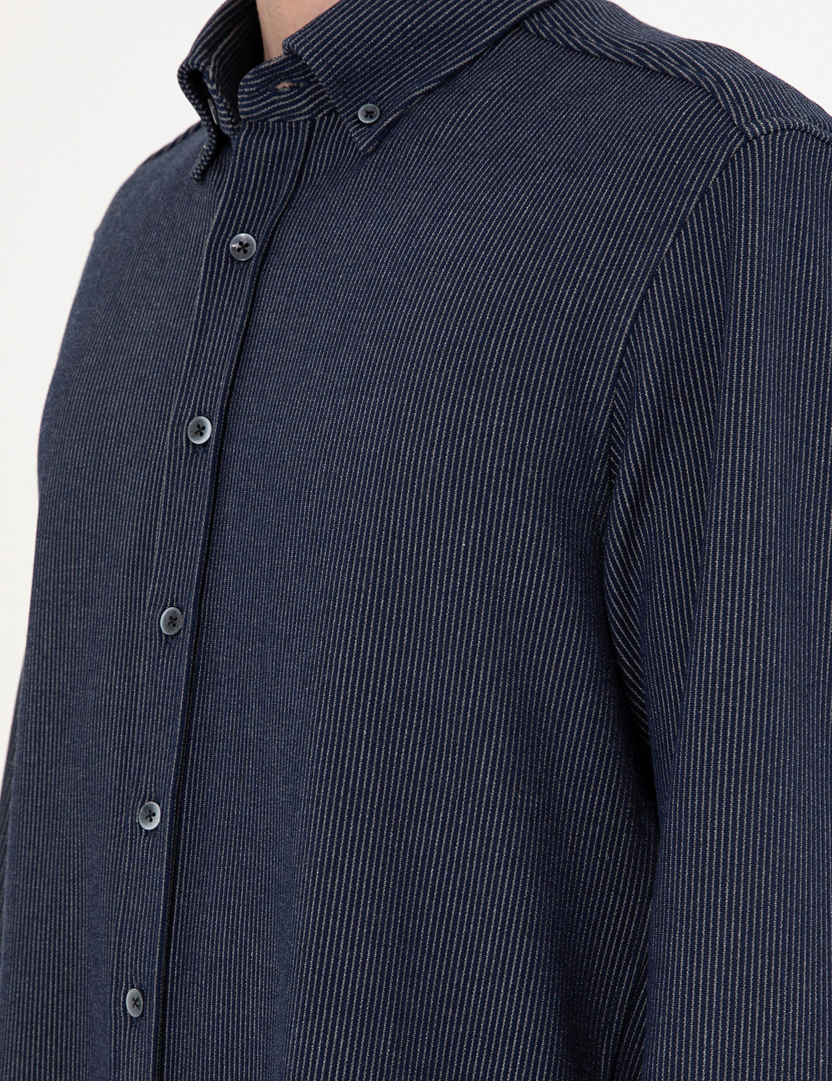 Lacivert Çizgili Regular Fit Uzun Kollu Gömlek