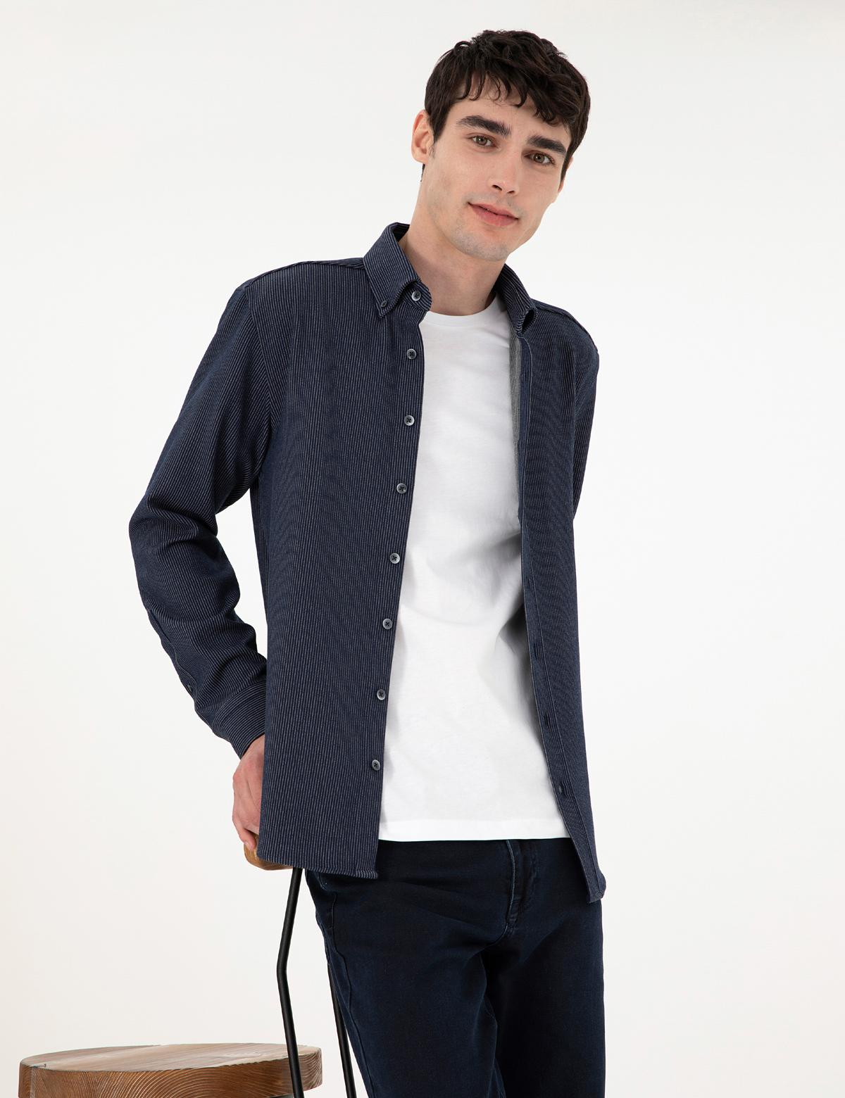 Lacivert Çizgili Regular Fit Uzun Kollu Gömlek - 50293947005