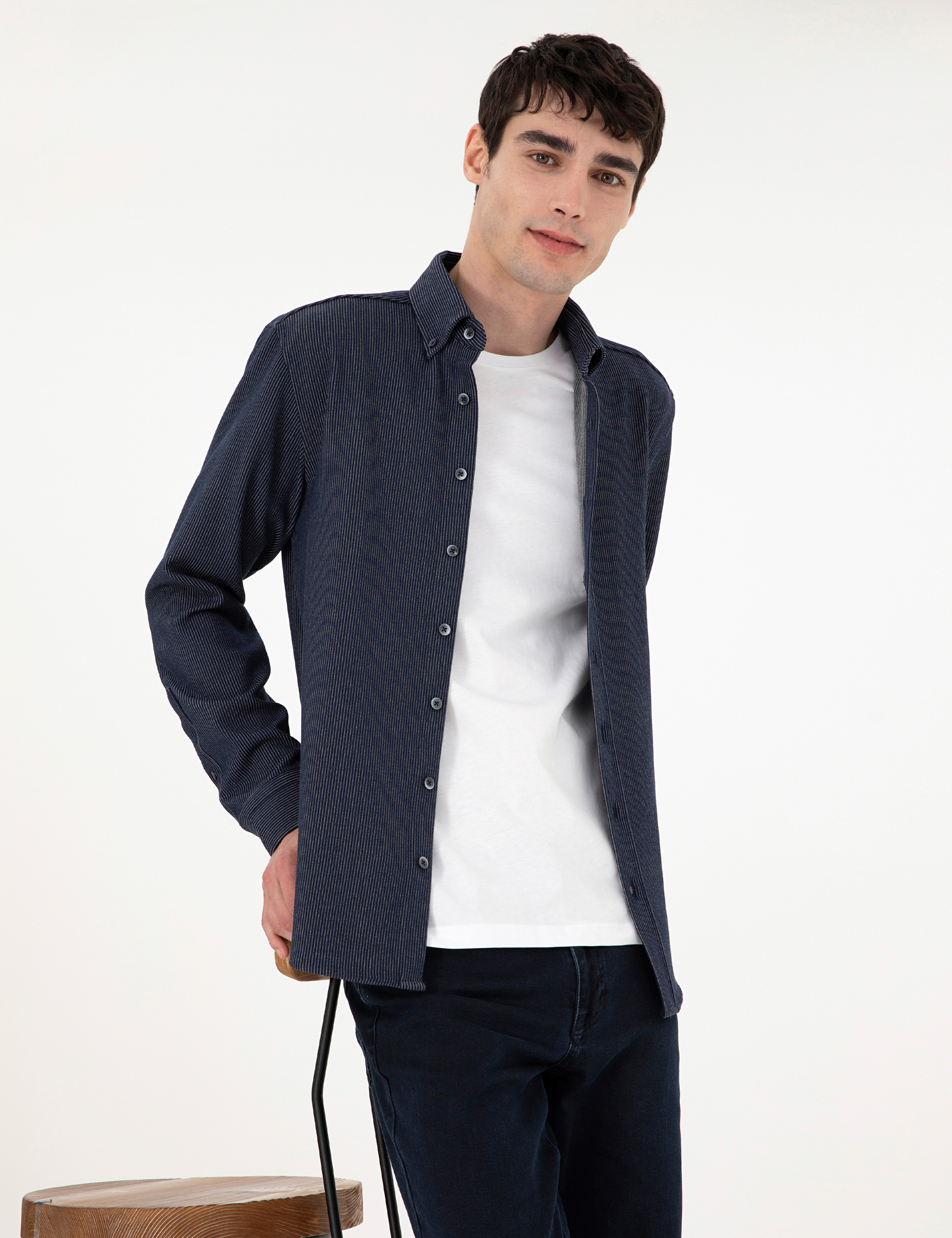 Lacivert Çizgili Regular Fit Uzun Kollu Gömlek - Image 3