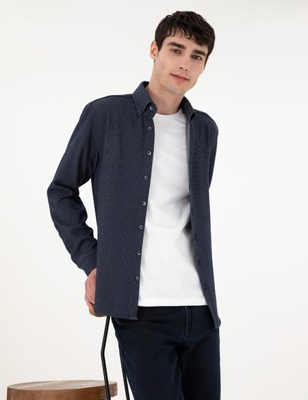 Lacivert Çizgili Regular Fit Uzun Kollu Gömlek - 50293947005